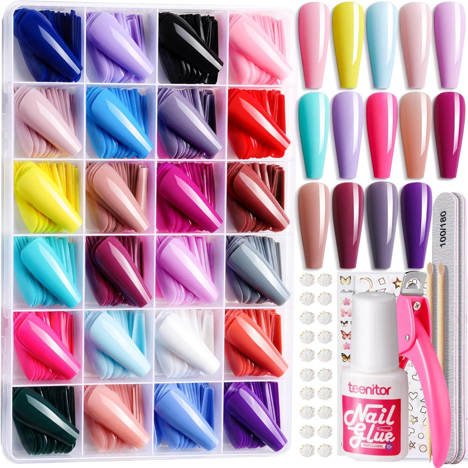 Teenitor Full Cover Color Press on Coffin Nails, 576Pcs Fake Nail Tips in 24 Colors, Glue on Long Ballerina False Nails