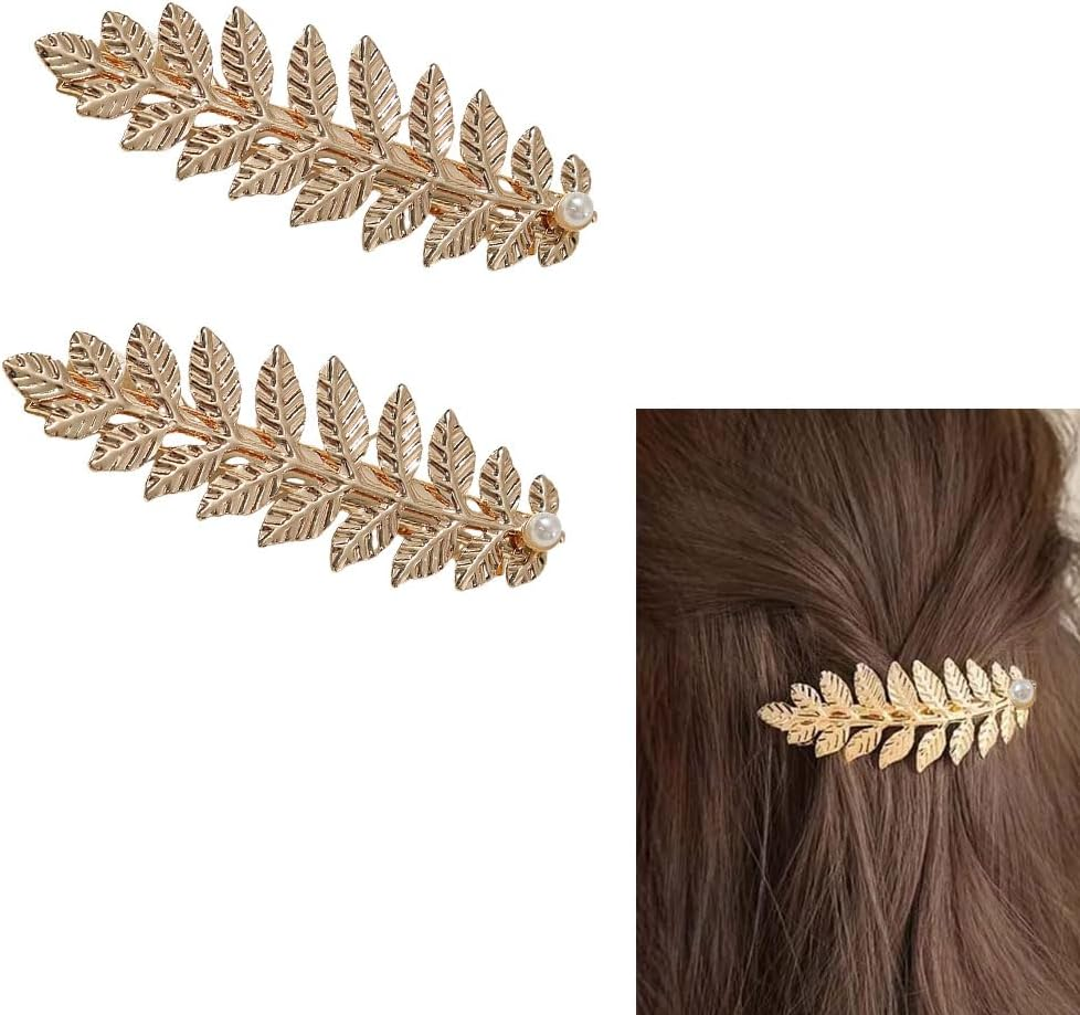 Gold Leaf Hair Clips Barrettes Greek Goddess Costume Cosplay Accessories for Women Girls 2 Pcs Leaves Clip with Pearl Hair Piece Leaf Clips for Wedding Party