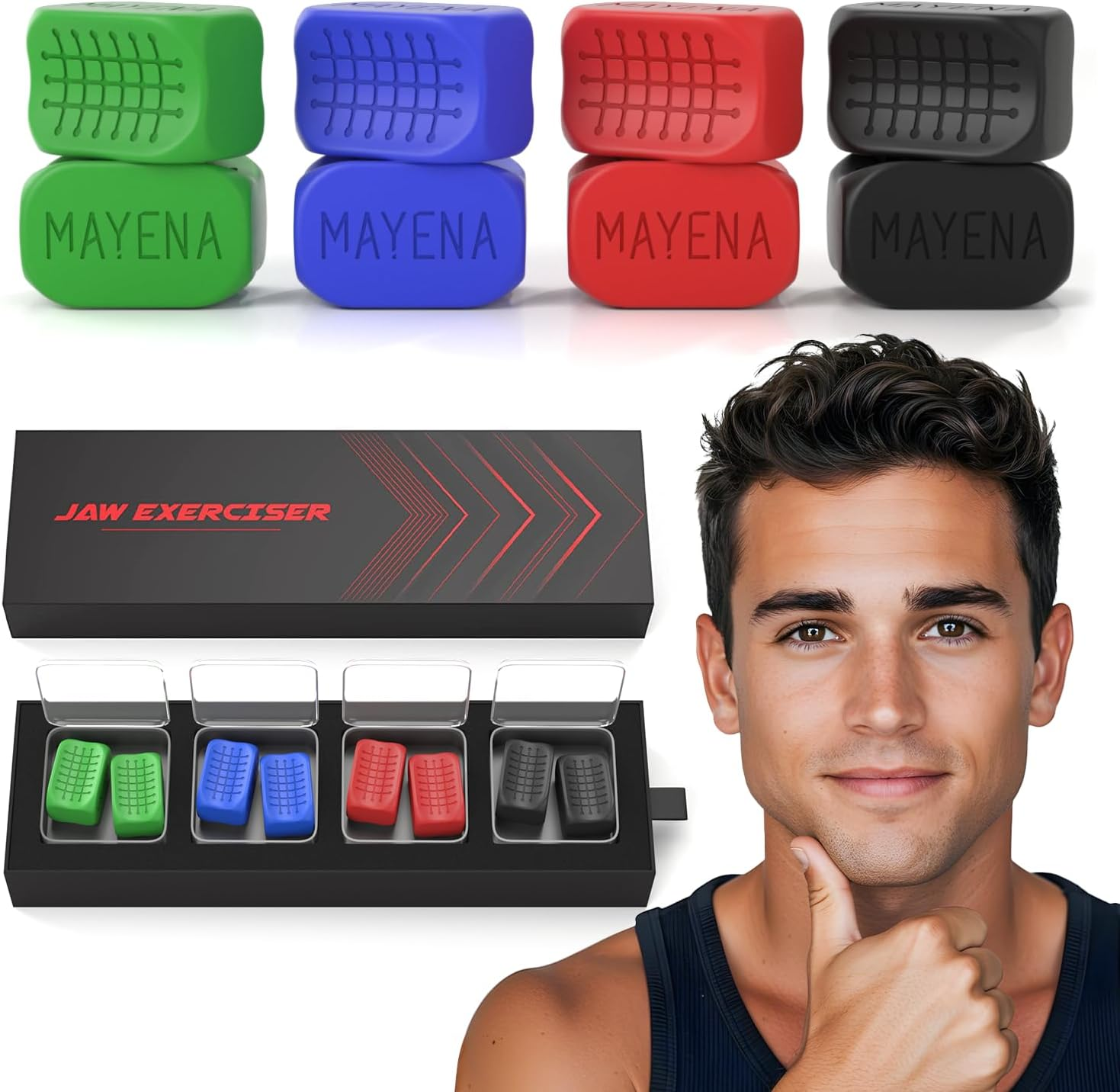 Mayena Jaw Exerciser for Men & Women | 3 Resistance Levels Silicone Jawline Shaper Set | Core Strength Upgraded Model | Powerful Jaw Trainer for Multiple Strength Levels | Slims & Tones the Face