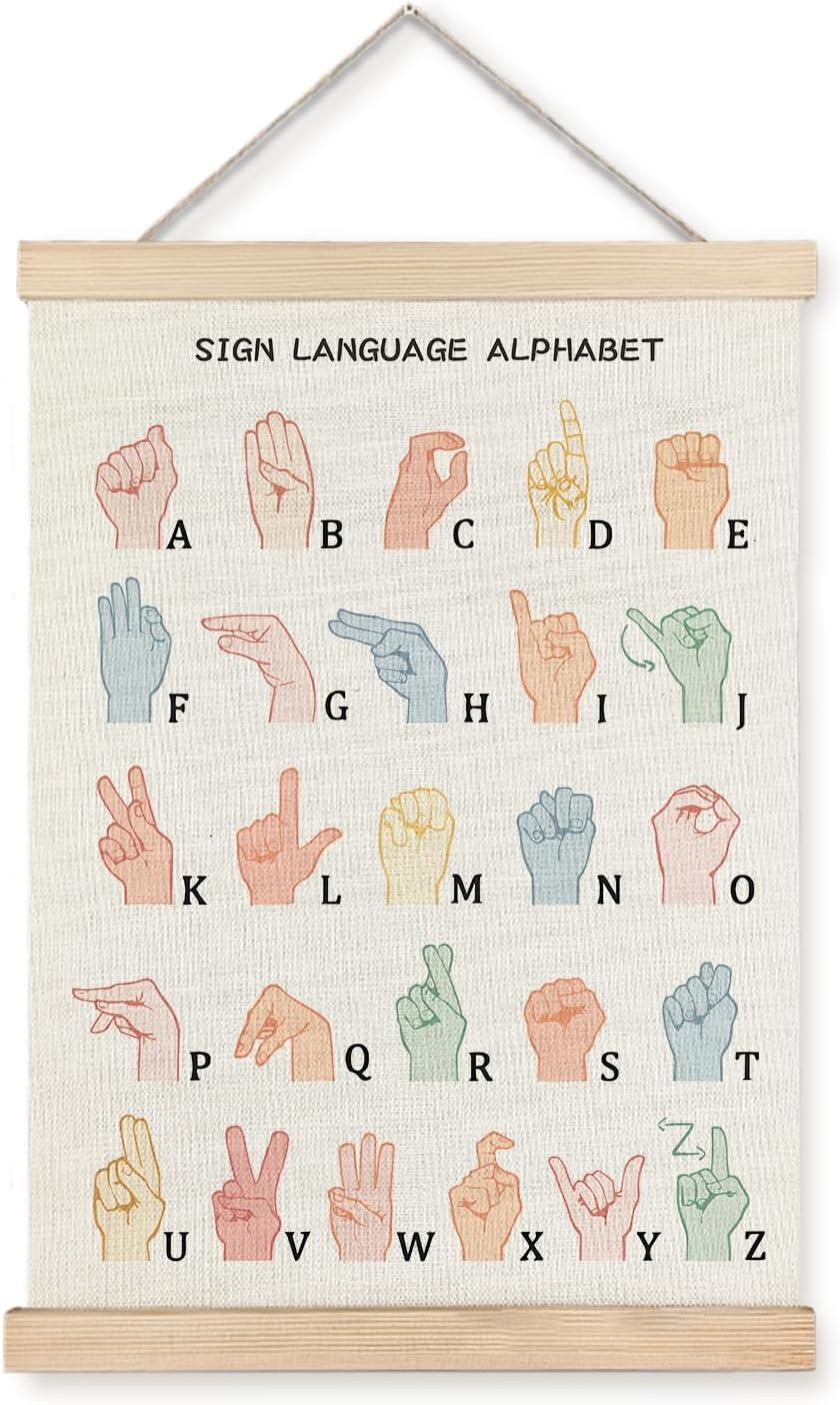 LUVADIAN Asl Alphabet Poster Hanger Frame,Sign Language Poster,Alphabet Posters for Classroom Wall,Sign Language Book for Kids,Toddler Learning Posters for Nursery Kids Room,12X16 Inches