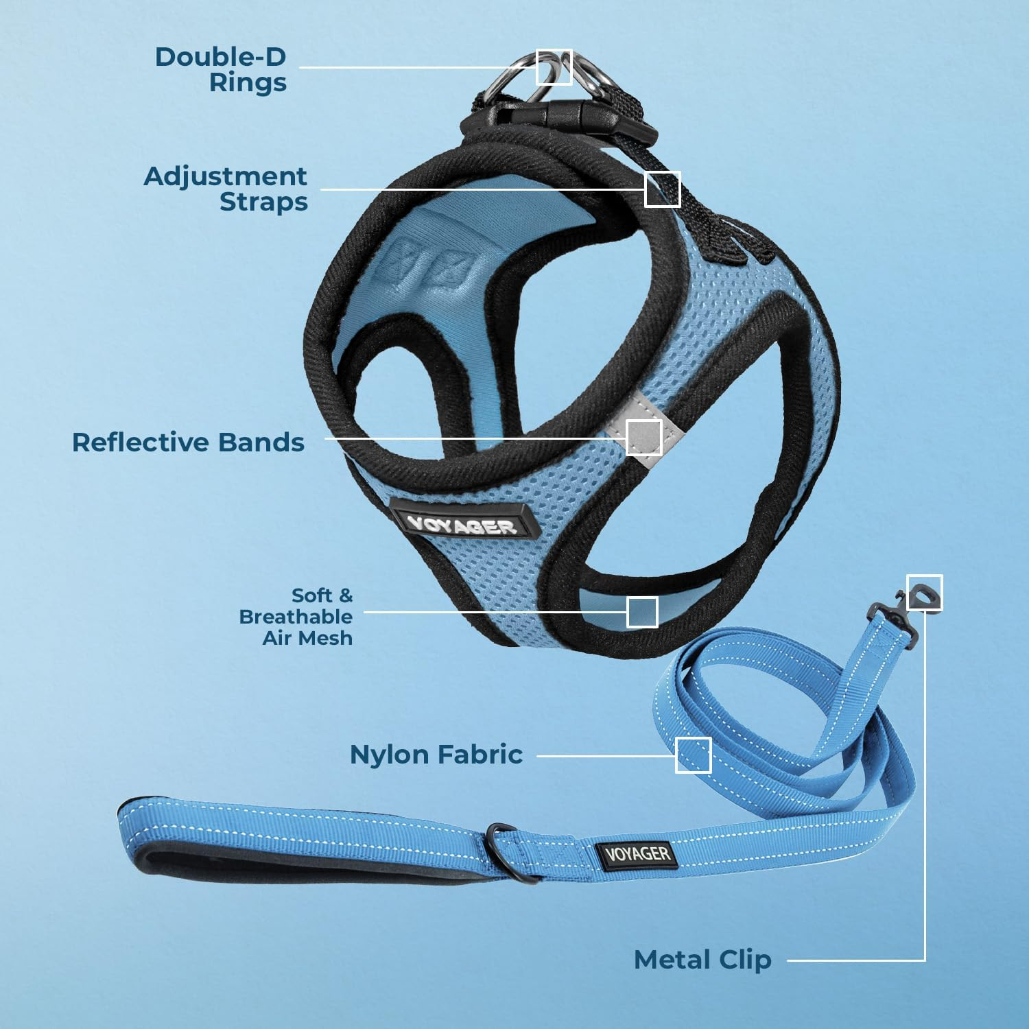 Voyager Step-In Air All Weather Mesh Harness and Reflective Dog 5 Ft Leash Combo with Neoprene Handle, for Small, Medium and Large Breed Puppies by Best Pet Supplies - Baby Blue/Black Trim, X-Small image number 6
