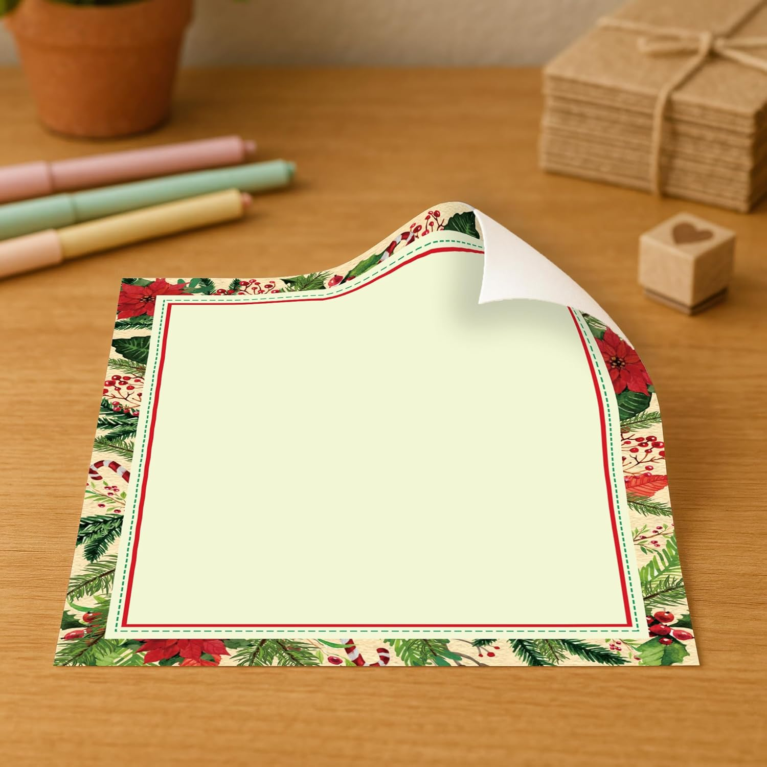 Poinsettia Frame Christmas Holiday Stationery Paper - 80 Sheets