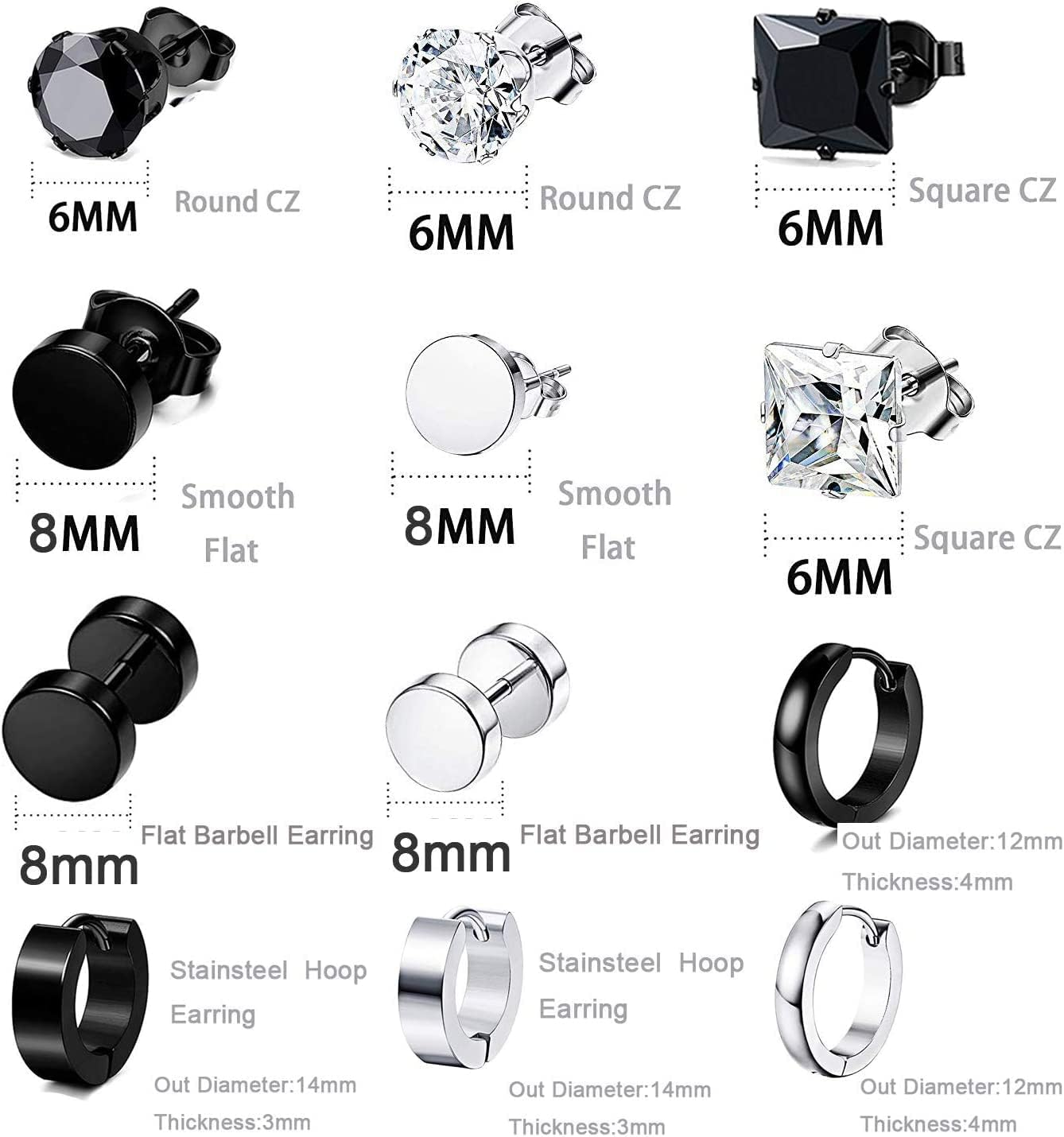 12 Pairs Black Earrings for Men, Stainless Steel Earrings Hoop Earrings Set for Unisex, Barbell Earrings, Diamond Earrings, Stainless Steel Earrings Boys Girls Jewelry Set Gift image number 3