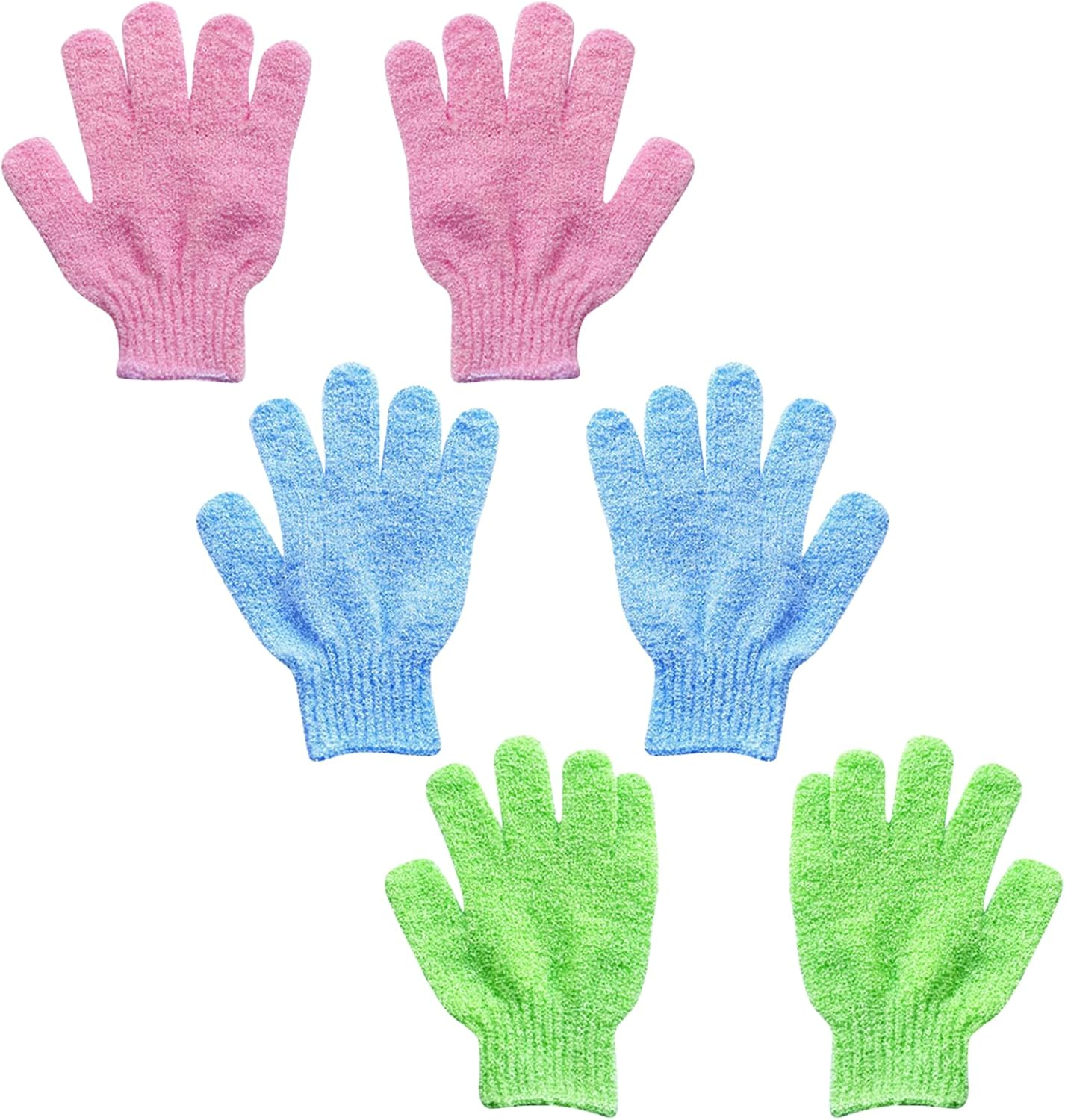 Exfoliating Gloves for Shower, Body Scrub Mitts to Remove Dead Skin Cells and Improve Skin Texture - 6 Pcs Set of Bath Gloves for Deep Cleansing(Green,Blue,Pink) - Abvian