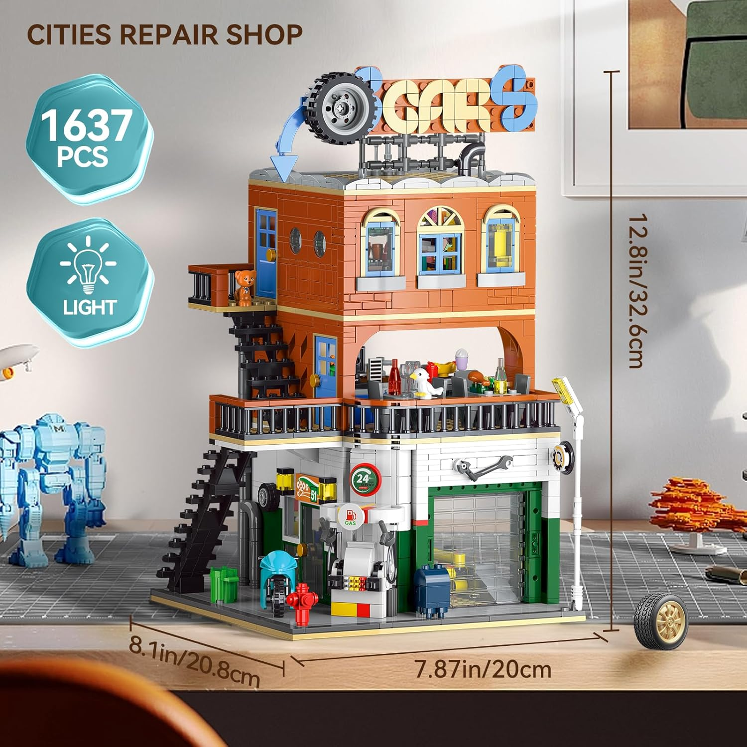 2 in 1 City Building Set, Compatible with  City House with LED Light, Street View Car Repair Shop Architecture Modular Construction Kit, Toys Gift for Adults and Kids Boys Aged 8+ (1637 PCS) image number 1