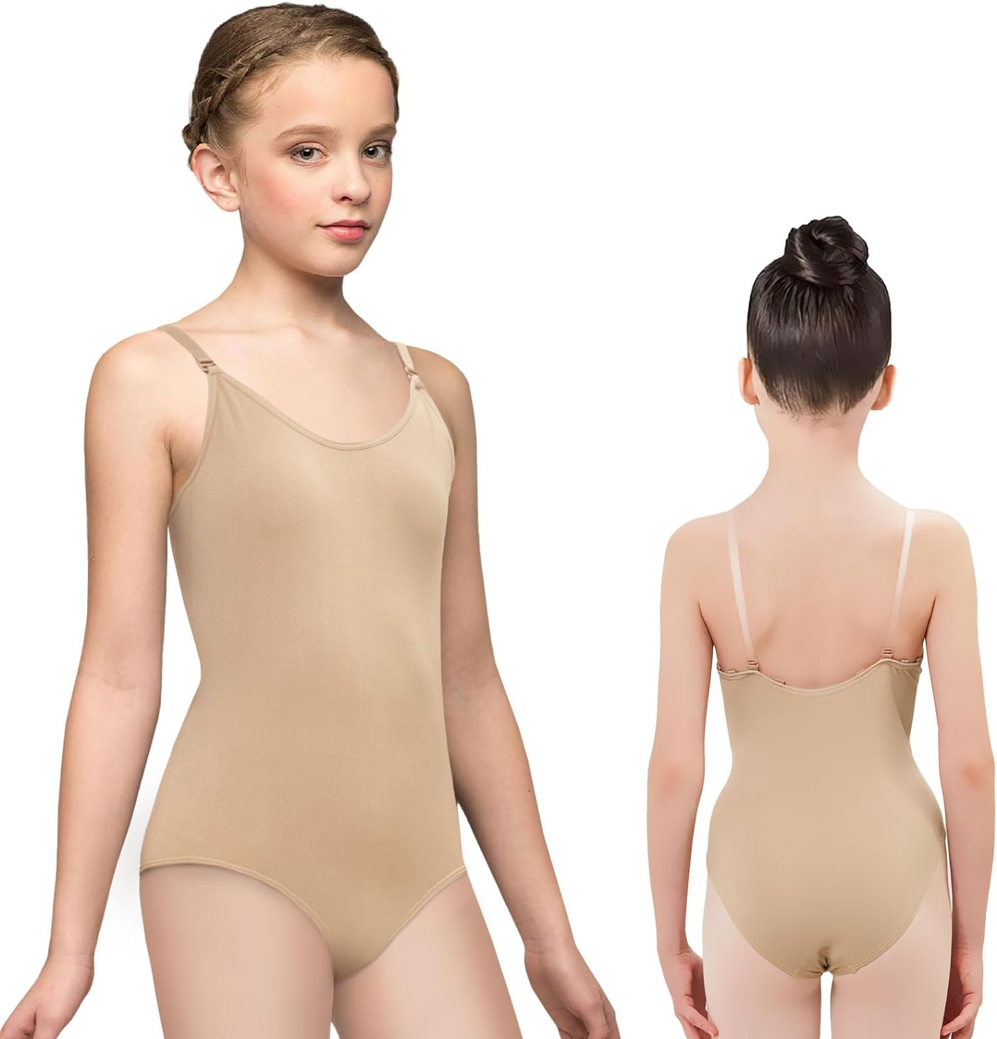 Girls Nude Leotard Seamless Camisole Leotards Undergarment for Ballet Dance Gymnastics with Adjustable Clear Straps image number 1