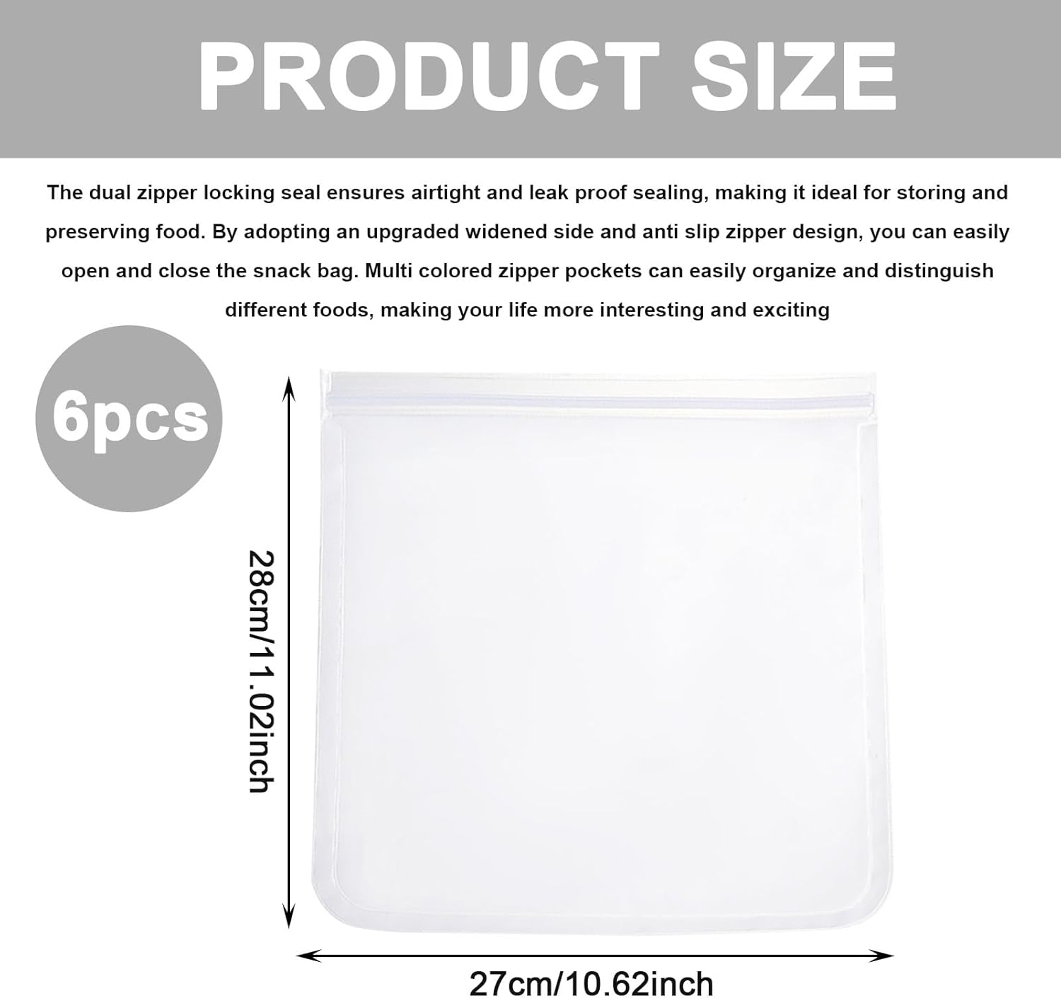 AYNKH 6 Pack Reusable Gallon Freezer Bags, 27 * 28CM/10.6 * 11Inch Extra Large Thick Ziplock Silicone Plastic Leakproof Sandwich Snack Fruits Lunch Food Storage Bags Meal Prep, Dishwasher Safe image number 2