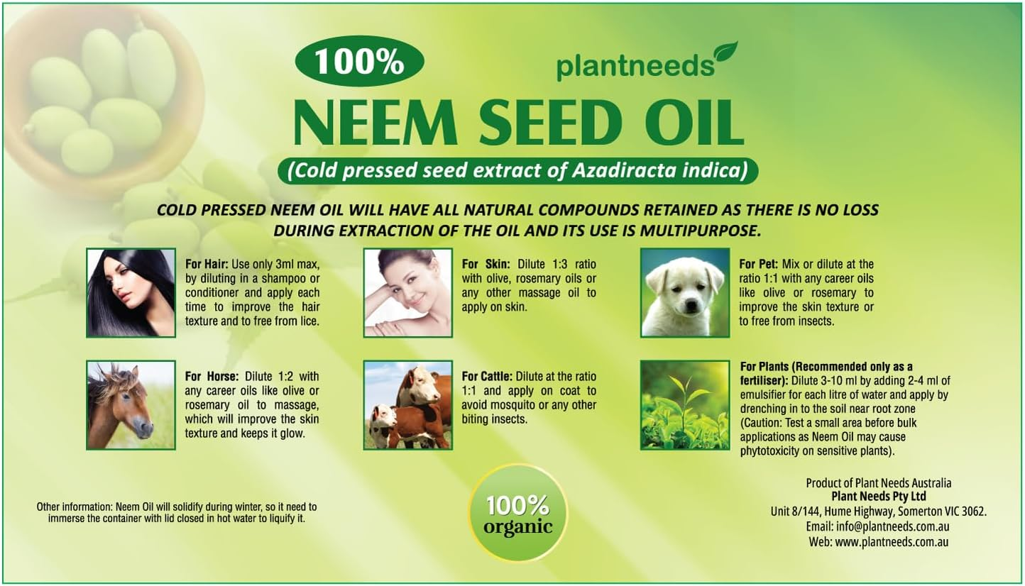 Plant Needs Neem Oil 100 Ml I 100% Organic Cold Pressed Neem Seed Oil I Multi Purpose Neem Oil | Neem Oil for Hair | Neem Oil for Skin | Neem Oil Fertiliser