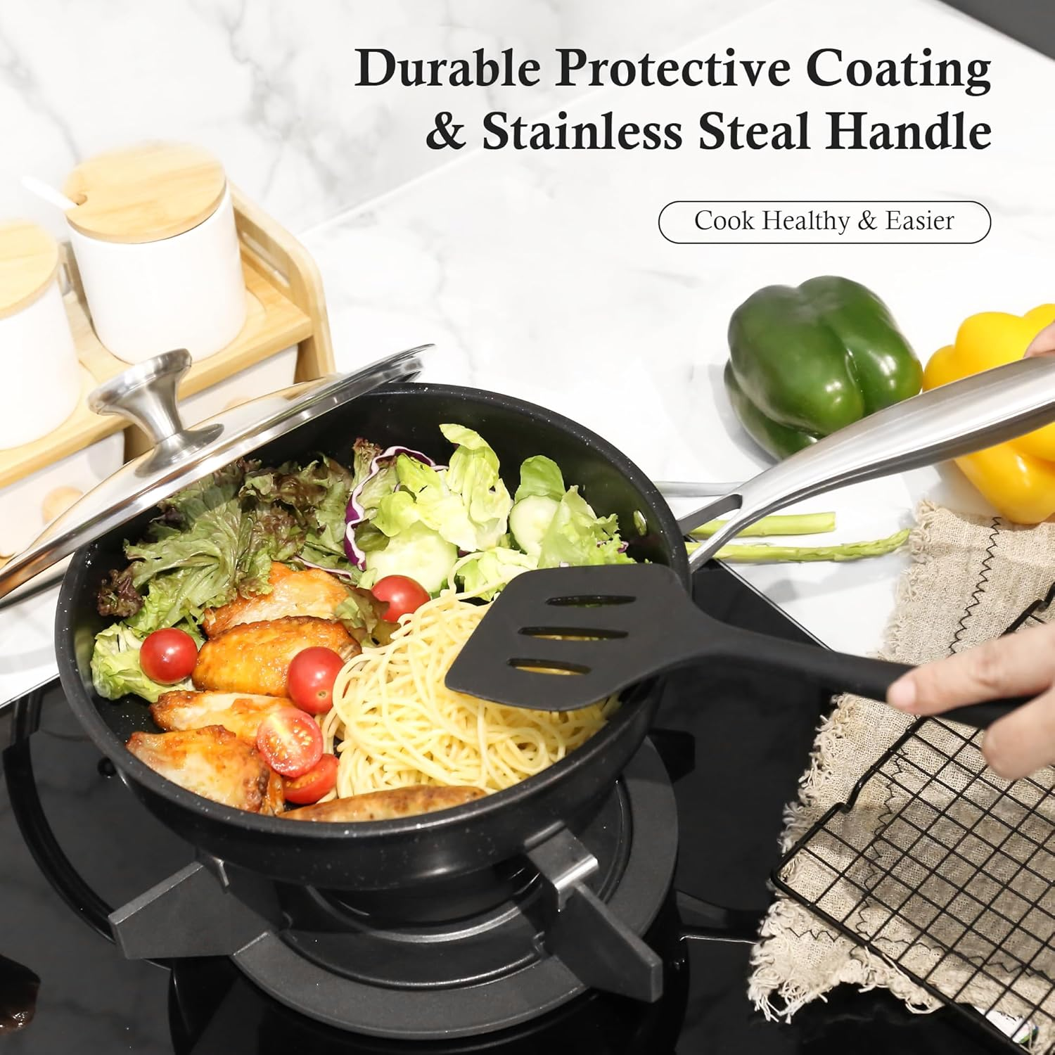 ASKSCICI 7-Piece Nonstick Granite Induction Stainless Steel Pots and Pans Set with Frying Pans & Saucepans - Non-Toxic, PFOS & PFOA Free, Oven Safe, Suitable for All Stoves, Dishwasher Safe, Black image number 5