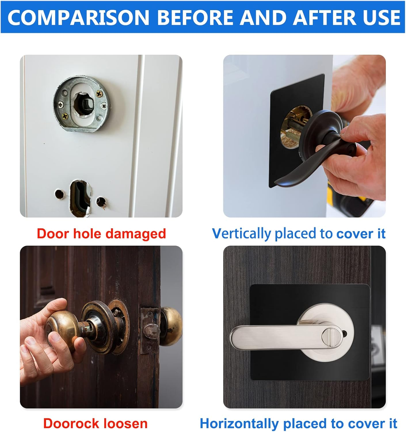 4 Pack Door Knob Reinforcement Plate Black, Door Hole Cover Filler Fixing Plate Door Lock Repair Plate, Stainless Steel Door Knob Fixing Bracket - Prevent Door Lock Loose or Wobbly