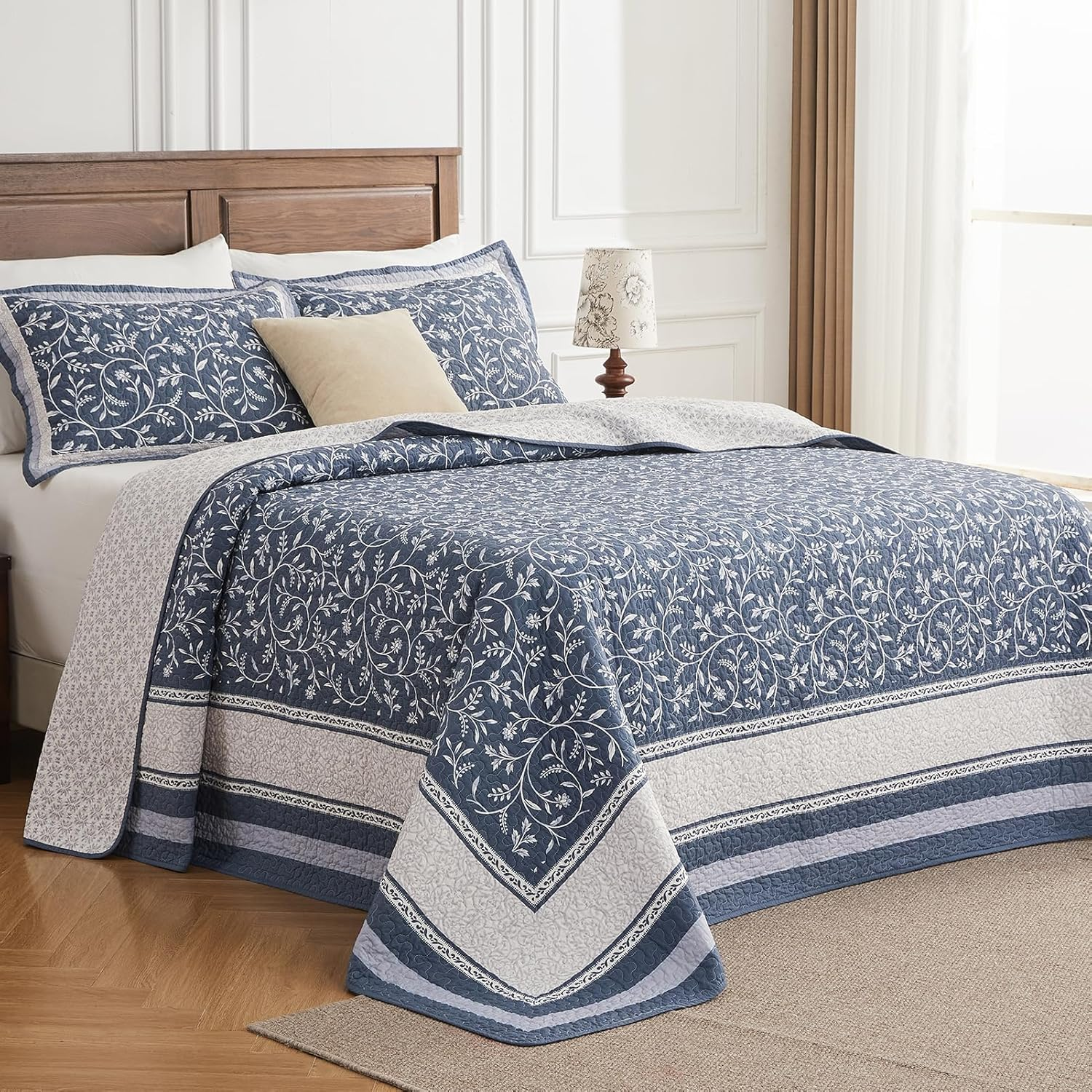 Quiltease Oversized King Bedspread - 120" Lx128 W Extra Wide - 100% Cotton Lightweight Vine Botanical California Quilt Sets - Reversible Super Bed Coverlet Set - Grayish-Blue/Light Gray image number 6
