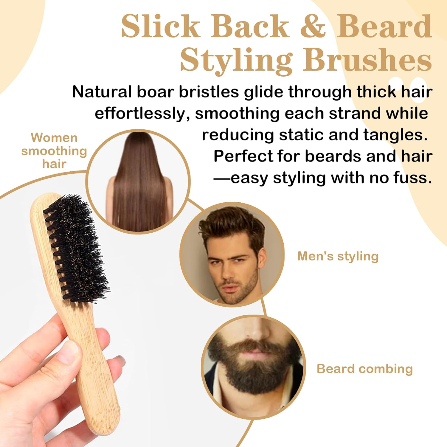 2-Pack Slick Back Boar Bristle Hair Brush, Anti-Static Wooden Handle Styling Brush for Men & Women, Slick Brushes for Hair & Beard Care (Large for Household & Small for Travel)