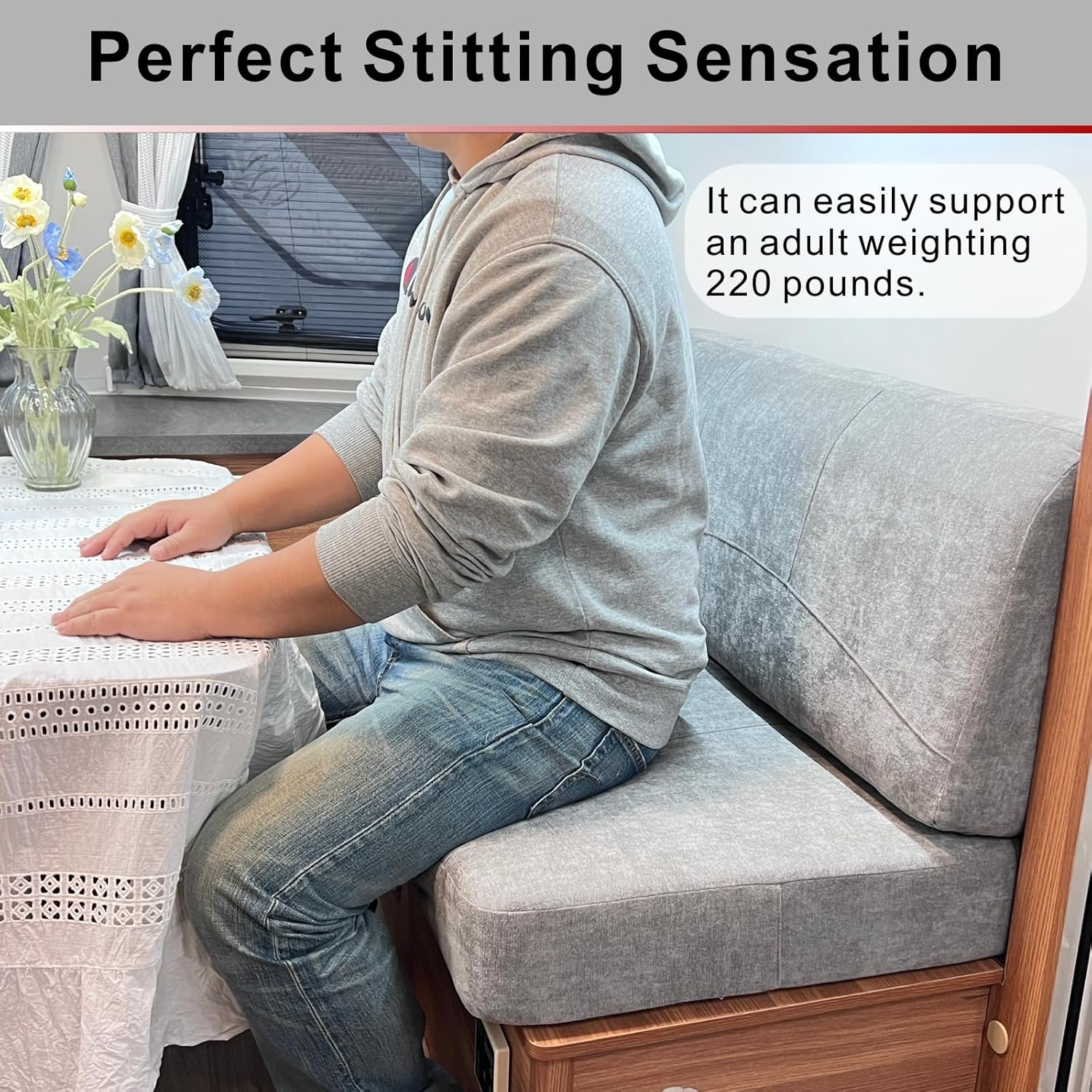 Dulepax RV Dinette Booth Cushions with Memory Foam，Replacement Camper Cushions，Dinette Seat for Camper Trailer，Rv Dinette Seat Including 1 Backrest & 1 Bench,Rv Sofa,Rv Couch,Grey,36Inch. image number 6