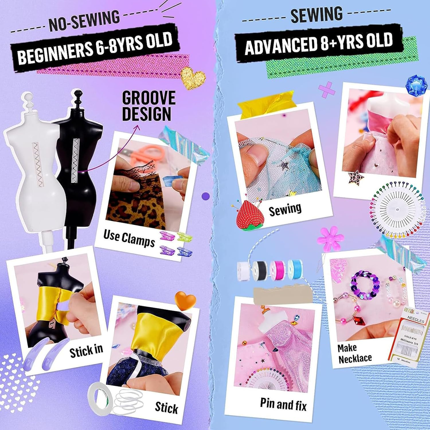 MEIYUETAOSI 600+ Pcs Fashion Design Kit for Girls, Creativity DIY Arts and Crafts Sewing Kit, Doll Clothes Sewing with Mannequins for Kids Ages 8-12+ Birthday Girls Gift image number 4