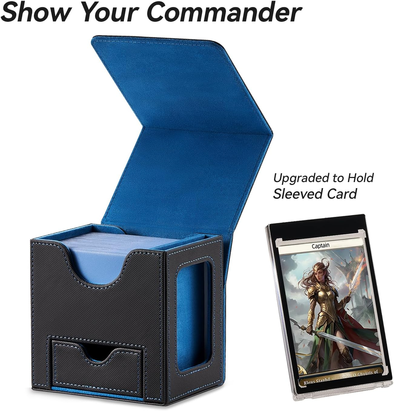 Mage Tech Card Deck Box for MTG Commander - Patented Design, Commander Display, Fits 100 Double-Sleeved Cards, 35Pt Card Brick & Dice Tray - Black/Blue