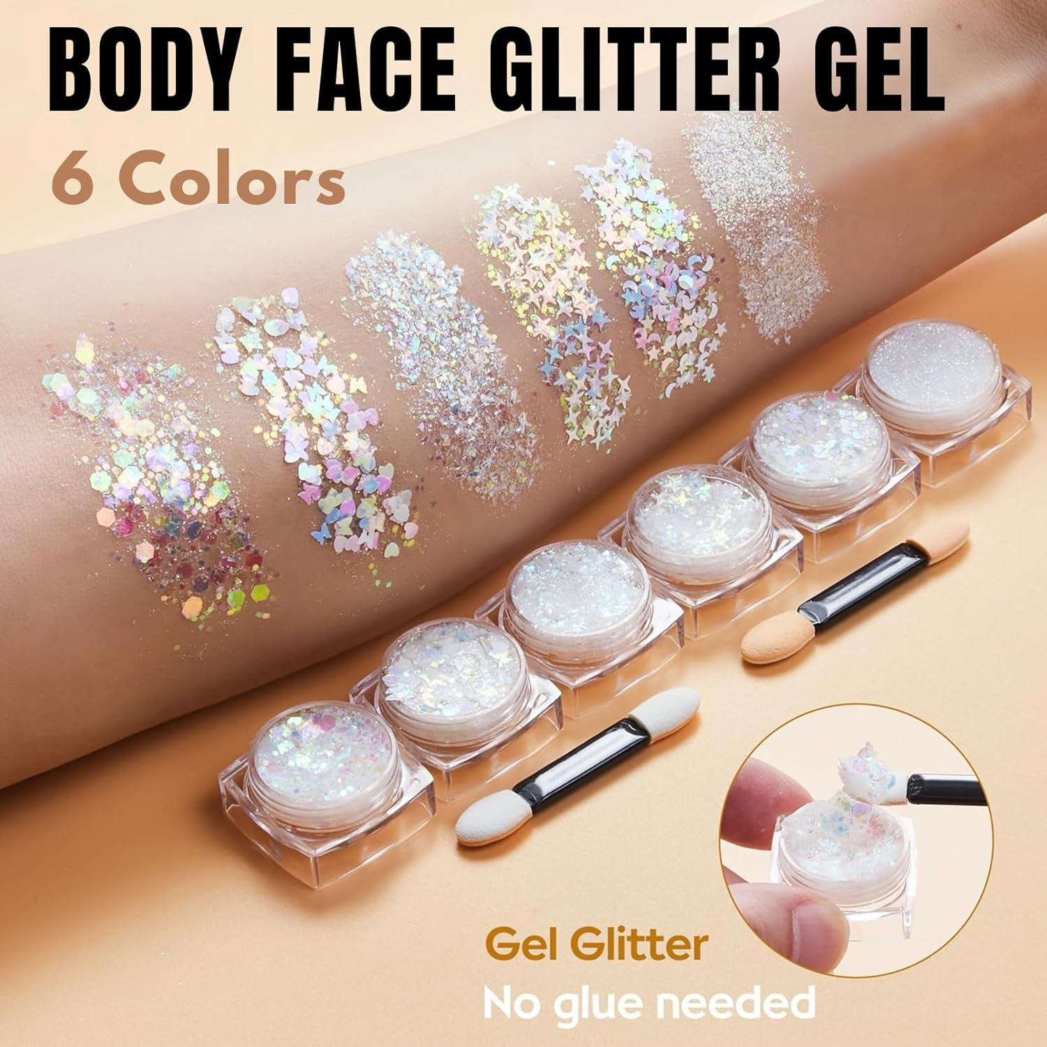 Face & Body Glitter Gel Set &ndash; 6 Shapes Iridescent White Glitter for Festival Makeup, JOMWEN Rave, Halloween, Parties & Mermaid Looks &ndash; Easy Apply Hair & Skin Glitter (White, 6 PCS) image number 4