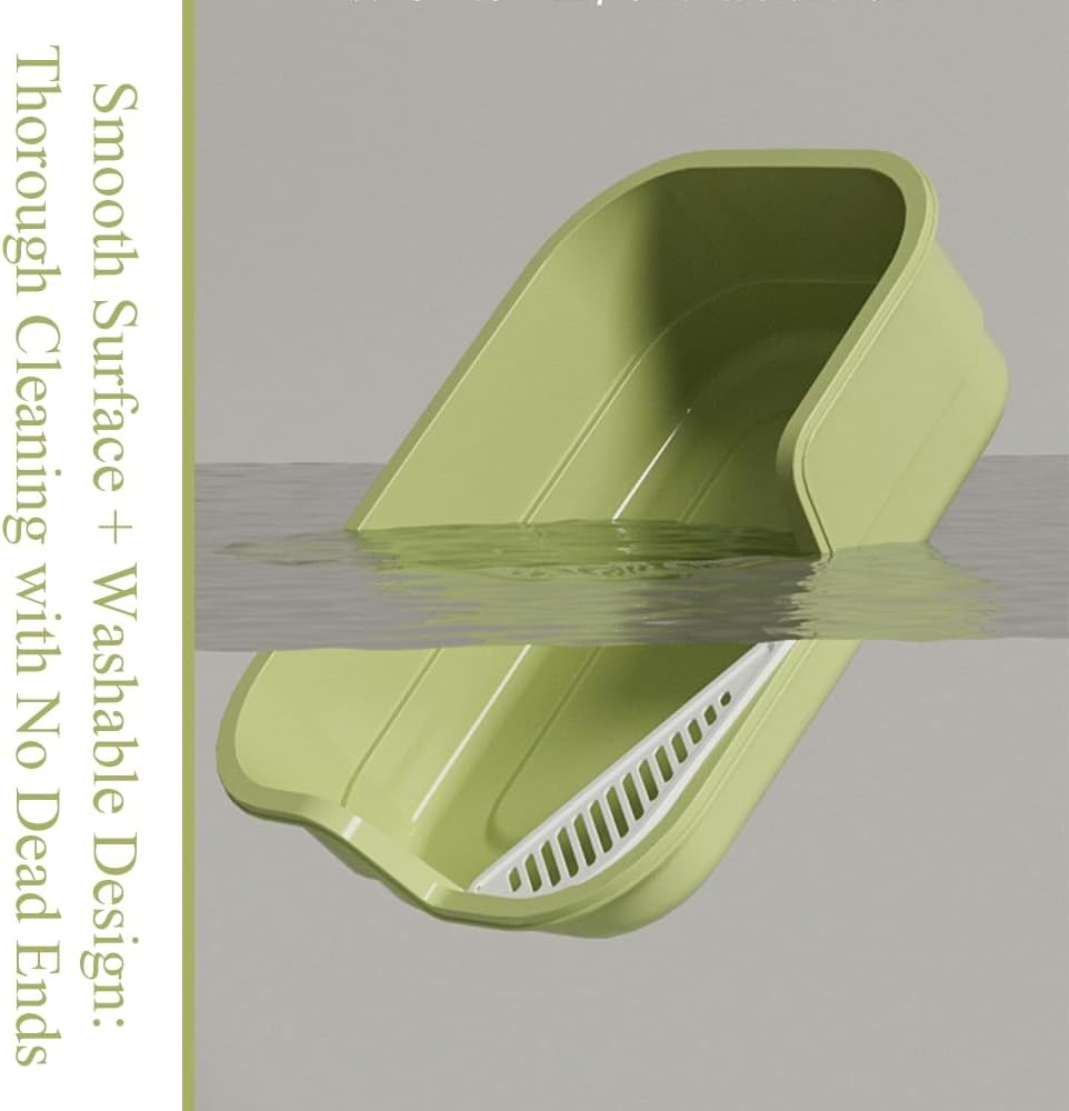 Extra-Large Semi-Enclosed Cat Litter Box, Anti-Splash Open Top Pussy Pan, Mint Green with Scoop, Odor Bag & Leak-Proof Board for Cats up to 40Lbs (49X35.5X13Cm)