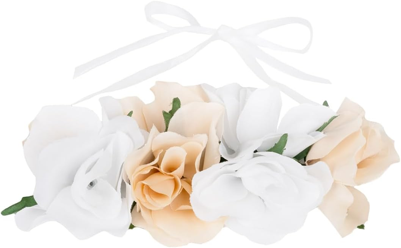 Reusable Pretty Bridal Floral Headband with Adjustable Ribbon -Faux Flower Crown Bohemian Boho Festival Dress up Headpiece Hair Accessory White & Pink. Perfect for Brides Bridesmaids and Hen Parties image number 4