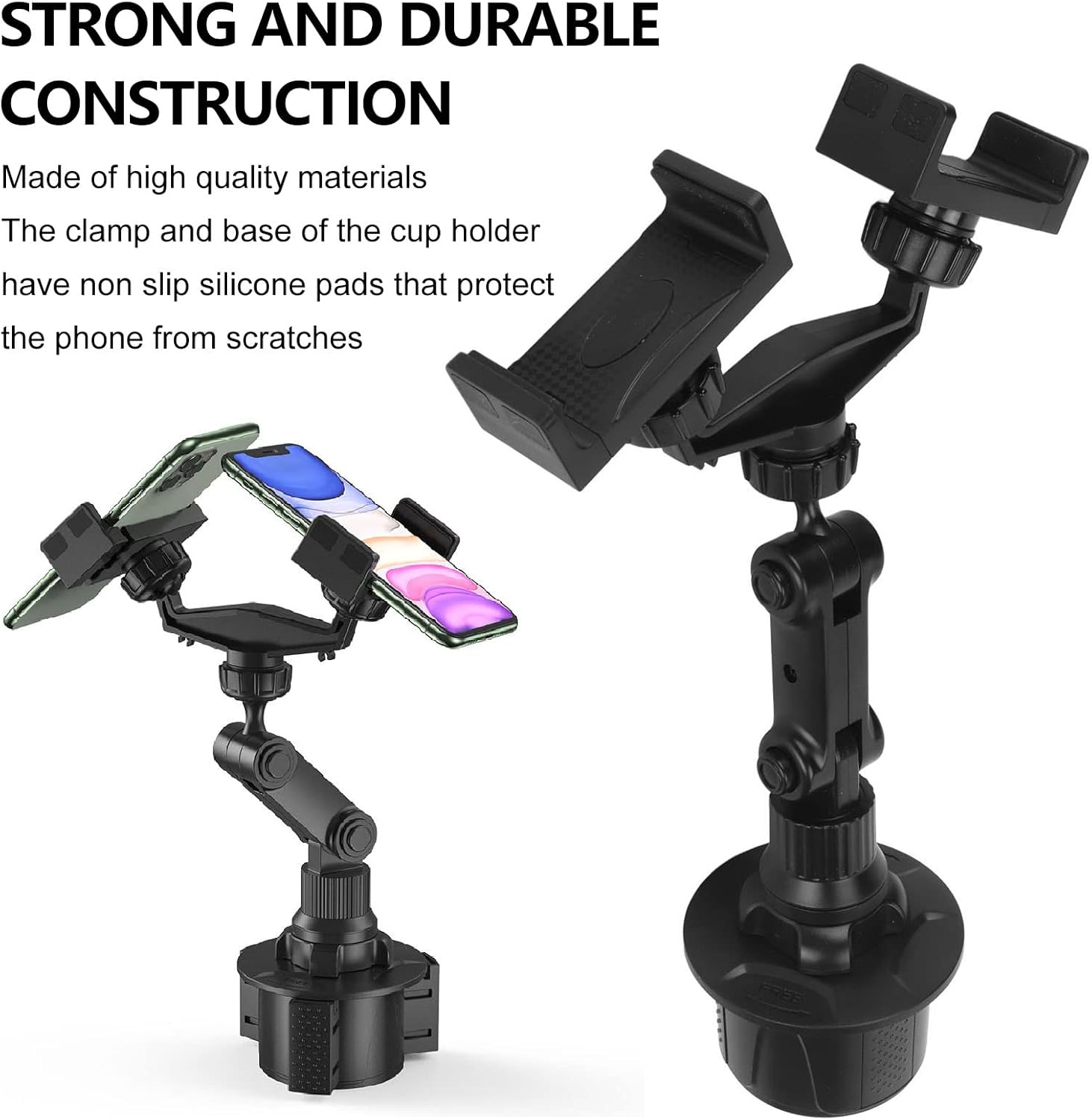 Car Cup Phone Holder 360 Degree Rotation Universal Adjustable Cup Holder Phone Mount with 2 Devices for Ios Phone for Galaxy, Sturdy and Construction, Easy Installation image number 1