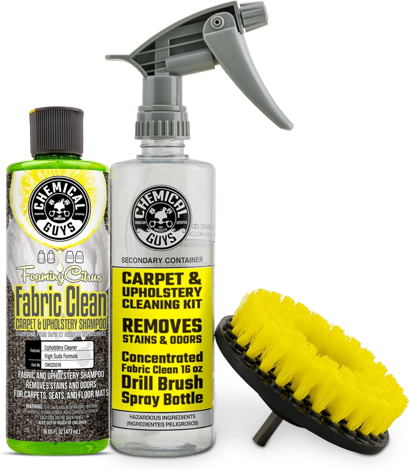 Chemical Guys Foaming Citrus Fabric Clean Kit, 473Ml &ndash; Carpet & Upholstery Cleaner with Drill Brush &ndash; Removes Stains, Dirt & Odours from Car Seats, Floor Mats & Carpets &ndash; Fresh Citrus Scent image number 2