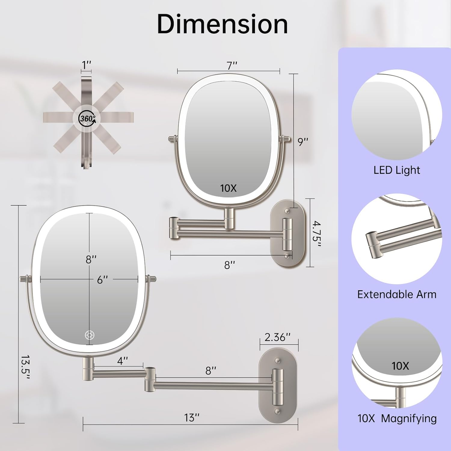 FUNTOUCH Rechargeable Wall Mounted Lighted Makeup Mirror, Oval Double-Sided Mirror 1X/10X Magnifying Mirror,3 Color Lights Touch Screen Dimmable 360&deg;Swivel 13 Inch Extendable,Nickel image number 4
