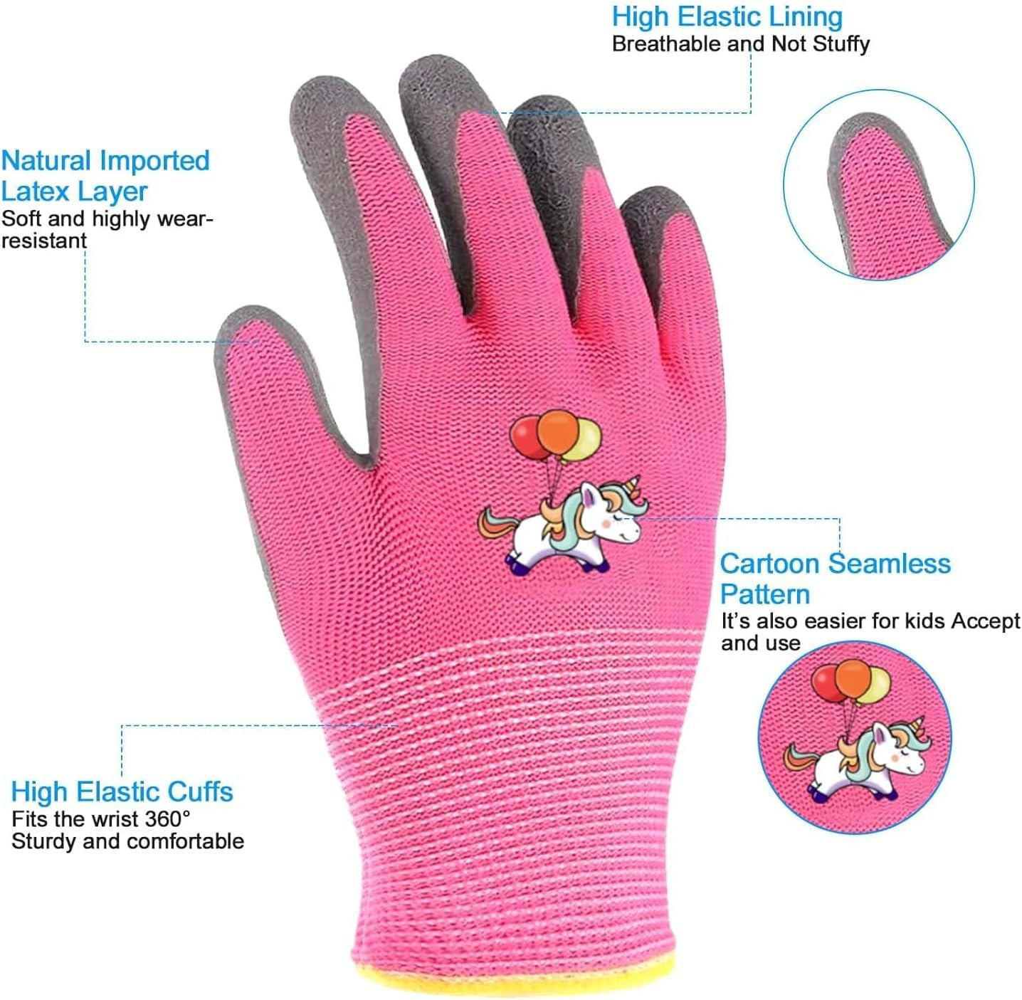 Eukyplace Kids Gardening Gloves (3 Pairs), Work Gloves Made of Latex, Non-Slip Gardening Gloves, Suitable for Children Aged 3-9, for Beach Blay, Picking Fruits and Vegetables(Cyan+Pink+Green) image number 1
