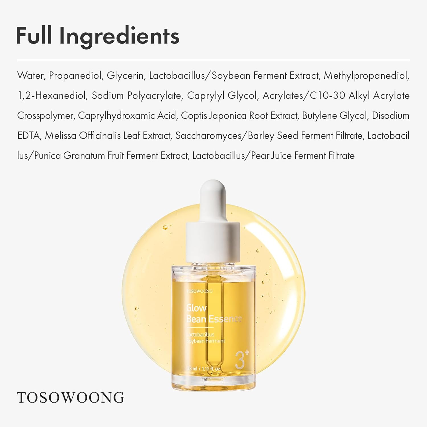 TOSOWOONG Glow Bean Essence, 31,025Ppm Soybean Ferment Extract, Glass Skin, Exfoliating, Hydrating, Radiant, Moisturizer, Barrier, Face Serum, Korean Skin Care, 33Ml / 1.11 Fl. Oz. image number 1