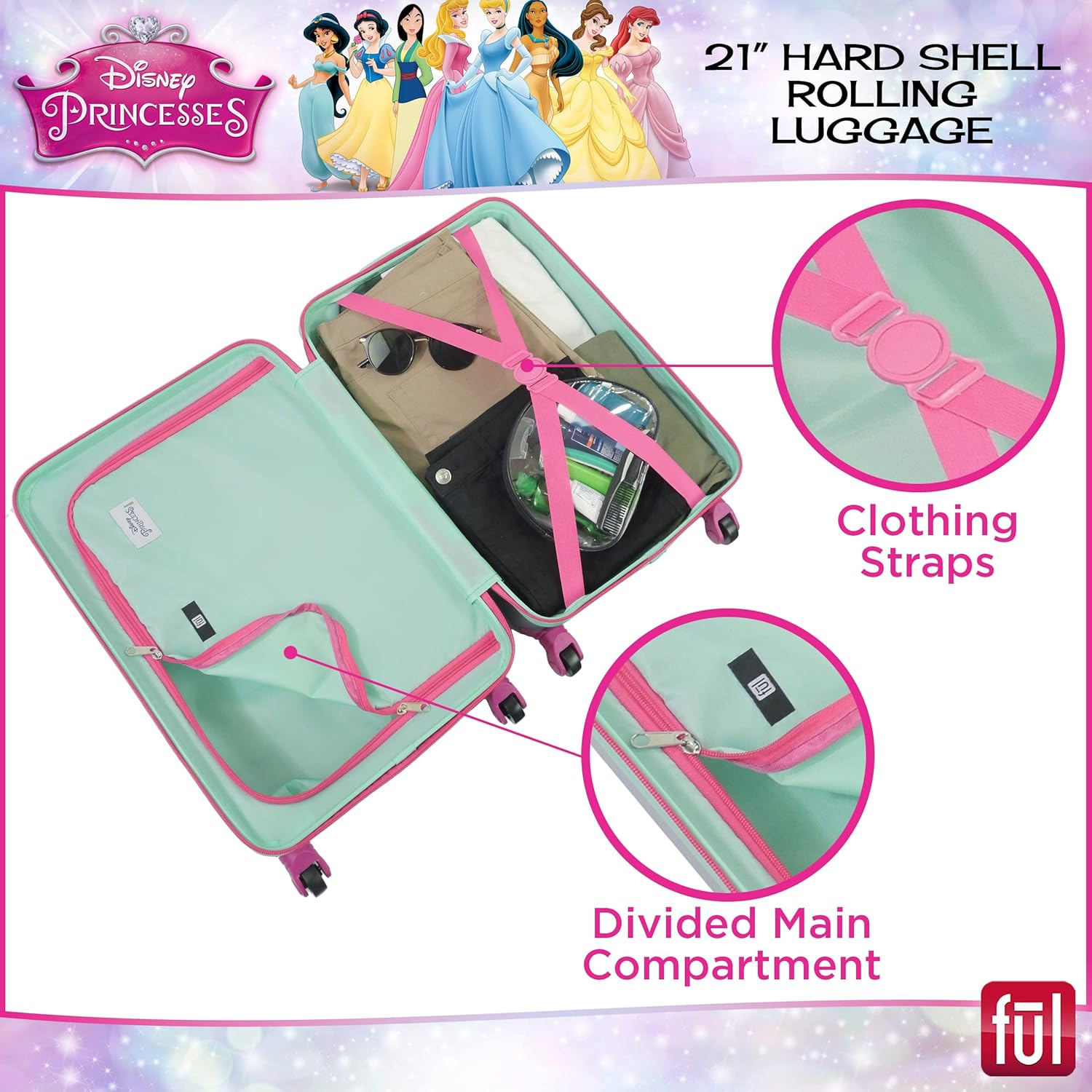 FUL Disney Princess Girl Power Kids Rolling Luggage, Hardshell Carry on Suitcase with Wheels, Blue, Blue, Disney Princess Girl Power Kids Rolling Luggage, Hardshell Carry on Suitcase with Wheels image number 2