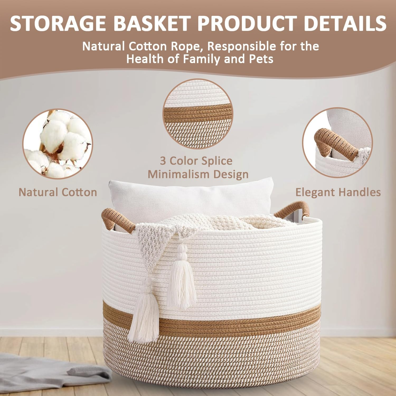 OWNKING Large Capacity Storage Baskets, Laundry Basket, Tall Woven Cotton Collapsible Laundry Hamper, Decorative Versatile Blanket Basket for Clothes, Blankets, Toys Storage & Organization, 20X20X13In image number 3