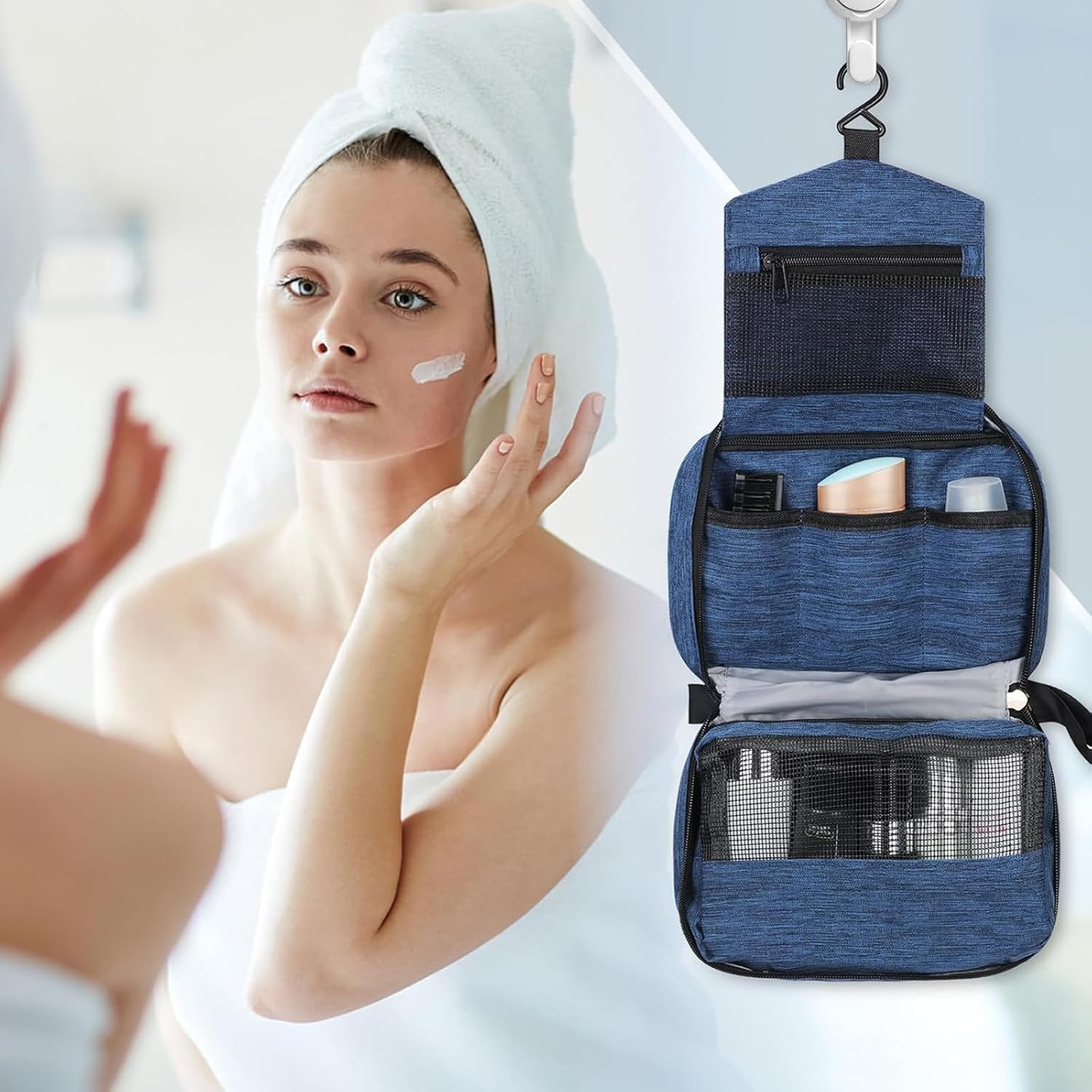 Hanging Toiletry Bag with Handles Portable Wash Bag for Camping and Outdoor Wash Organiser + 2 Drawstring Pouches | Dry/Wet Separation Blue image number 2