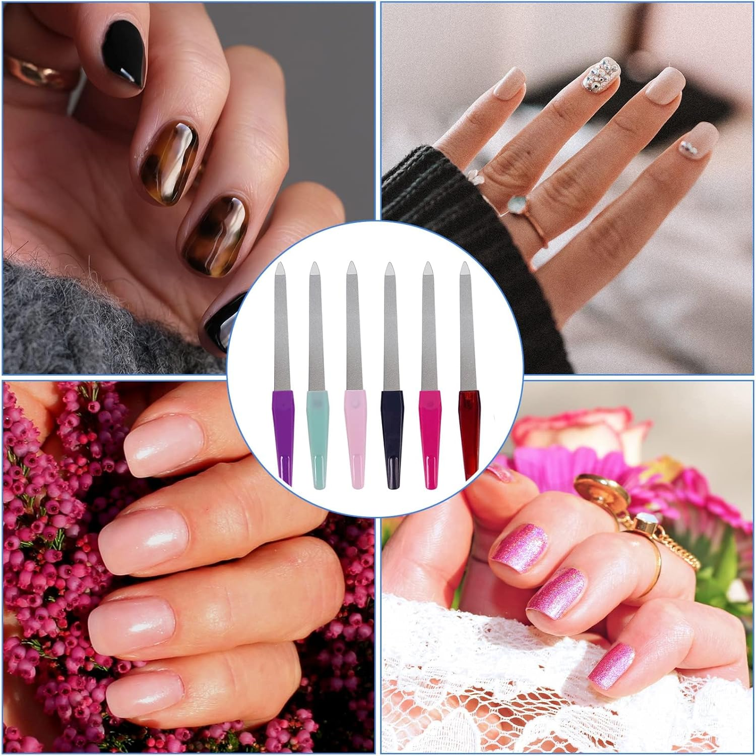 Metal Nail File (6 Pcs), Nail Files for Natural Nails Made of Stainless Steel, Sword Fingernail Files with Sharp Pointed Tip Non Slip Handle, Diamond Finger Nail Filers for Women Sapphire Grit image number 2