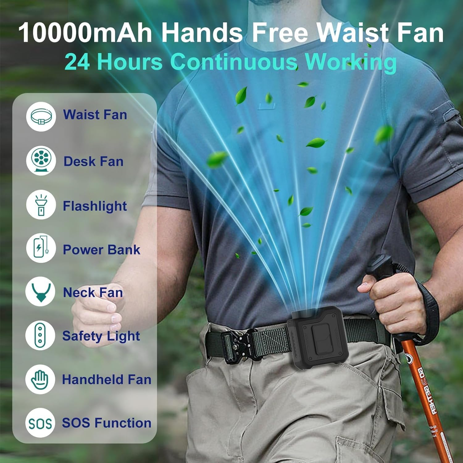 10000Mah Waist Clip Turbo Fan, 40H Cooling, 4 Speeds 16000RPM Rechargeable Wearable Fan with LED Power Display, Flashlight, Power Bank Hands-Free Neck Fan for Outdoor Jobsite Camping Travel image number 4