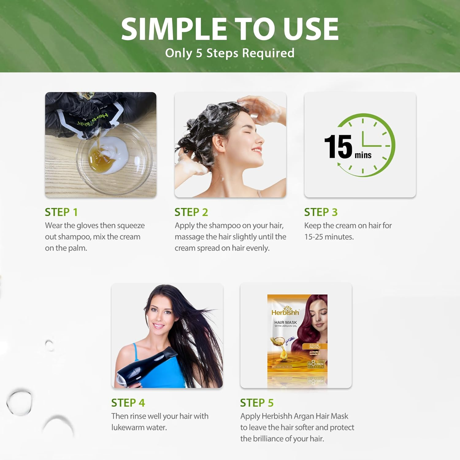 Herbishh Hair Color Shampoo 10 Sachet +1 Argan Hair Mask Pouch | 3 in 1 Hair Dye | PPD Free | Easy to Use | Gray Coverage | Travel Size | Available in 6 Colors | Long Lasting Hair Color | (Golden Brown) image number 4