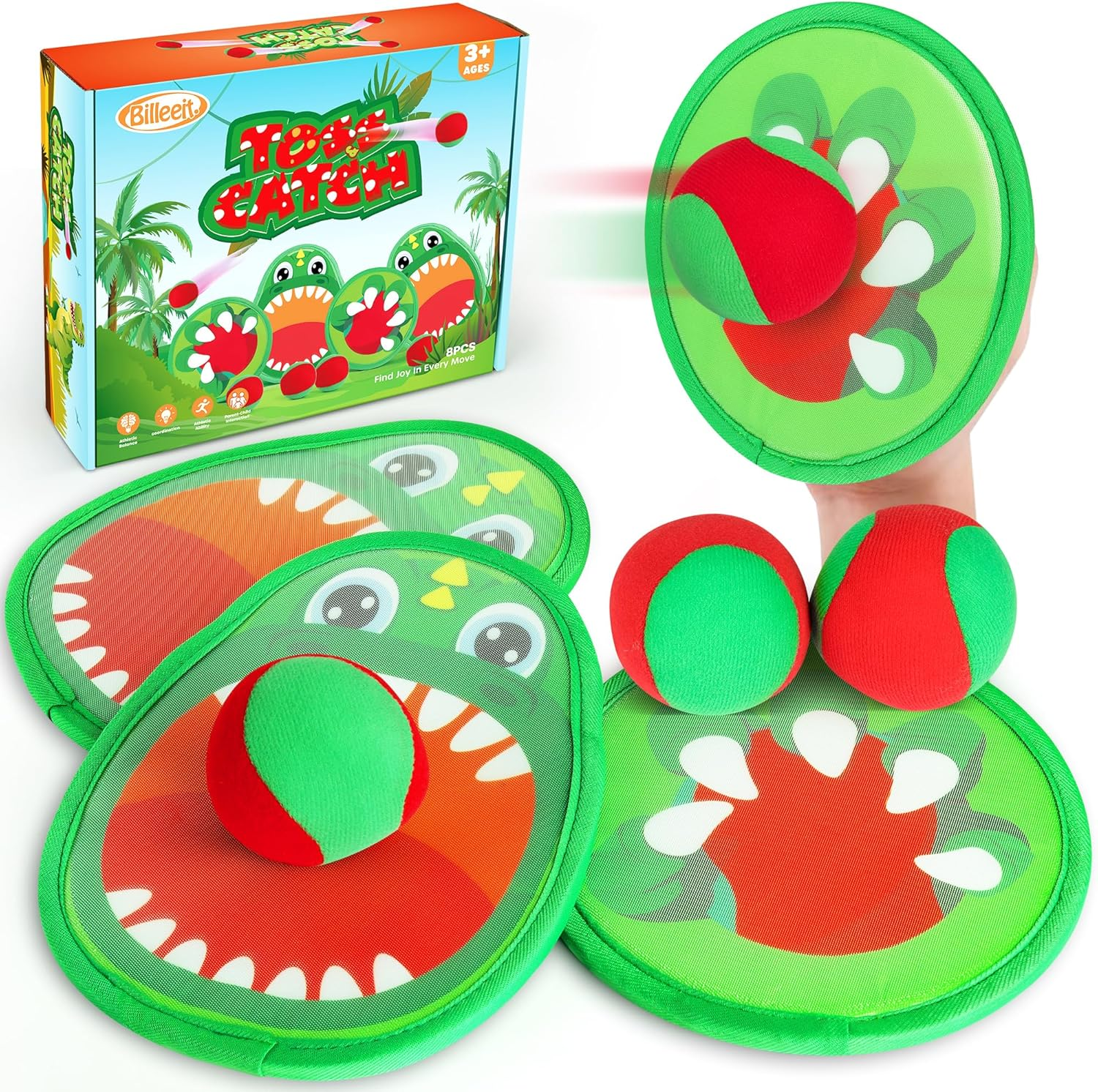 Dinosaur Toss and Catch Ball Set, Catch Game Toys, Outdoor Toys for Kids 3+ 4 5 6 7 8, Backyard Lawn Games Pool Beach Toys with 4 Rackets, 4 Balls, 1 Drawstring Bag image number 5