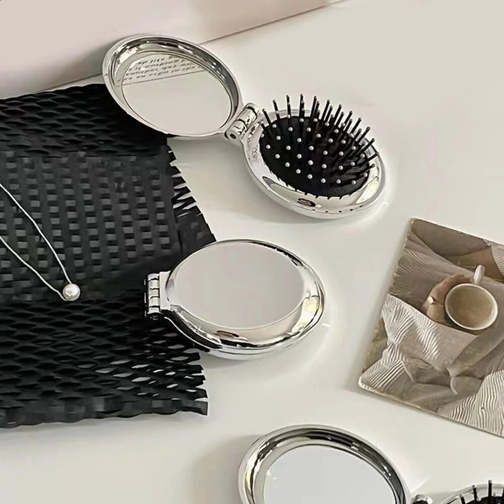 Folding Hair Brush with Pocket Mirror, 3Pcs Travel Size Folding Hair Comb with Pocket Mirror, round Mini Compact Massage Comb Folding Hair Brush with Mirror