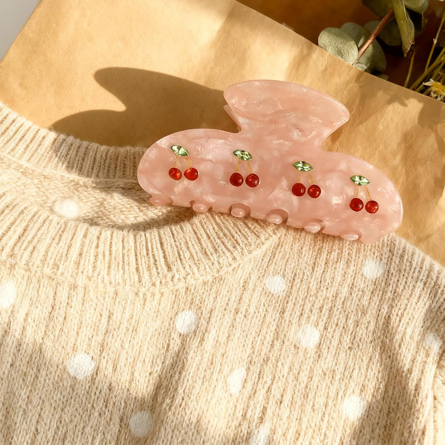 Set of 2 Hair Clips for Women, Hair Clip with Cherry, Hair Clips for Women, Acrylic Hair Clips Design with Rhinestones and Leaf Motifs for Medium Thick Medium Hair