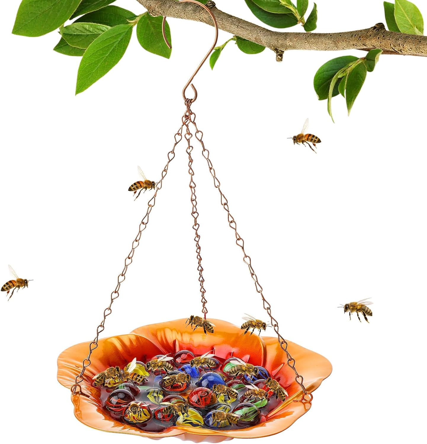 Bee Feeder with Vivid Flower Design, Anti-Rust Iron Bee Watering Station for Feeding, Colorful Butterfly Bath Bowl Bee Cups with 30 Glass Marbles for Outdoor Yard Garden Decor Gifts (Blue-Purple)