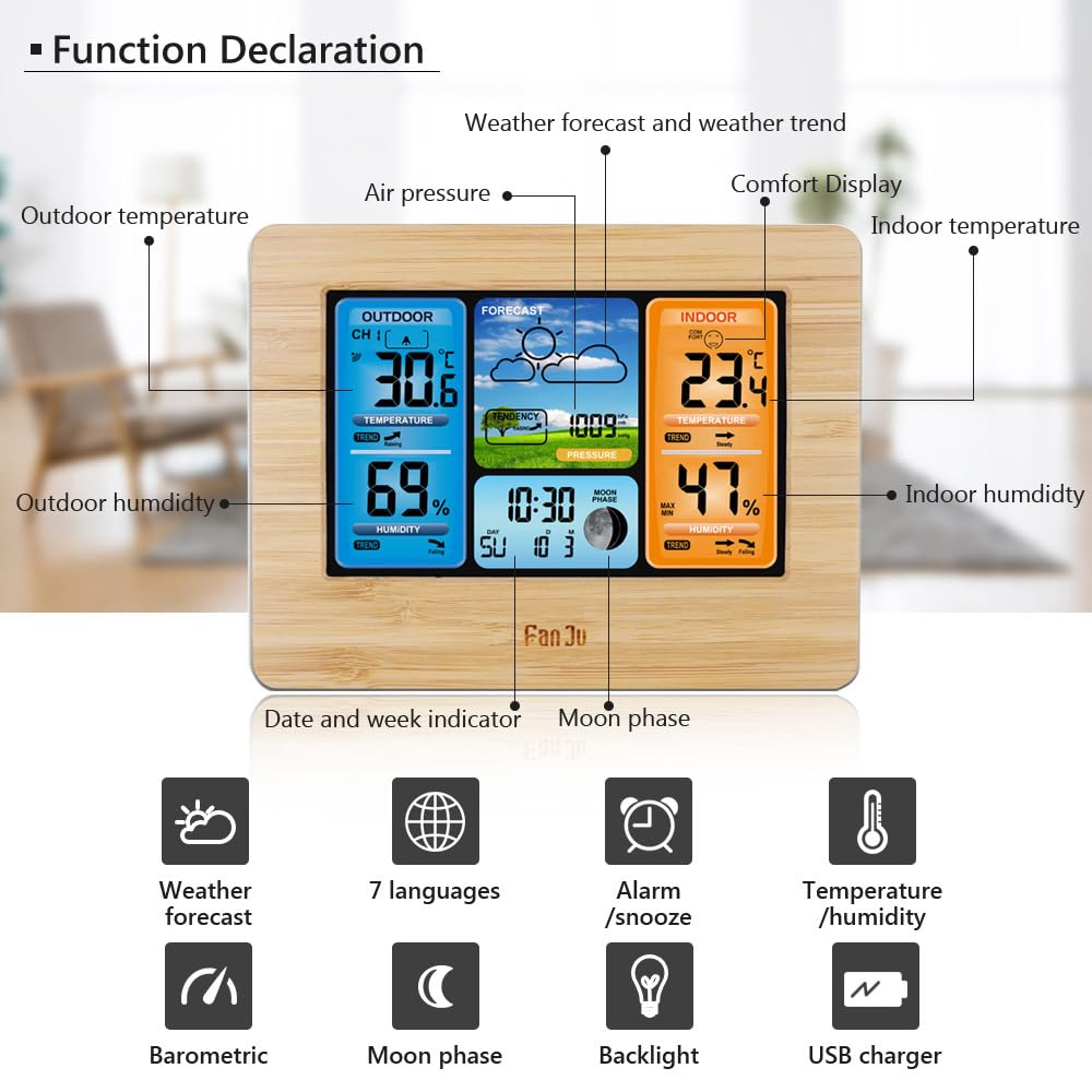 Weather Clock, REFENG FJ3373 Multifunction Digital Weather Station LCD Alarm Clock, Indoor Outdoor Weather Forecast Barometer Thermometer Hygrometer with Wireless Outdoor Sensor USB Power Cord image number 2