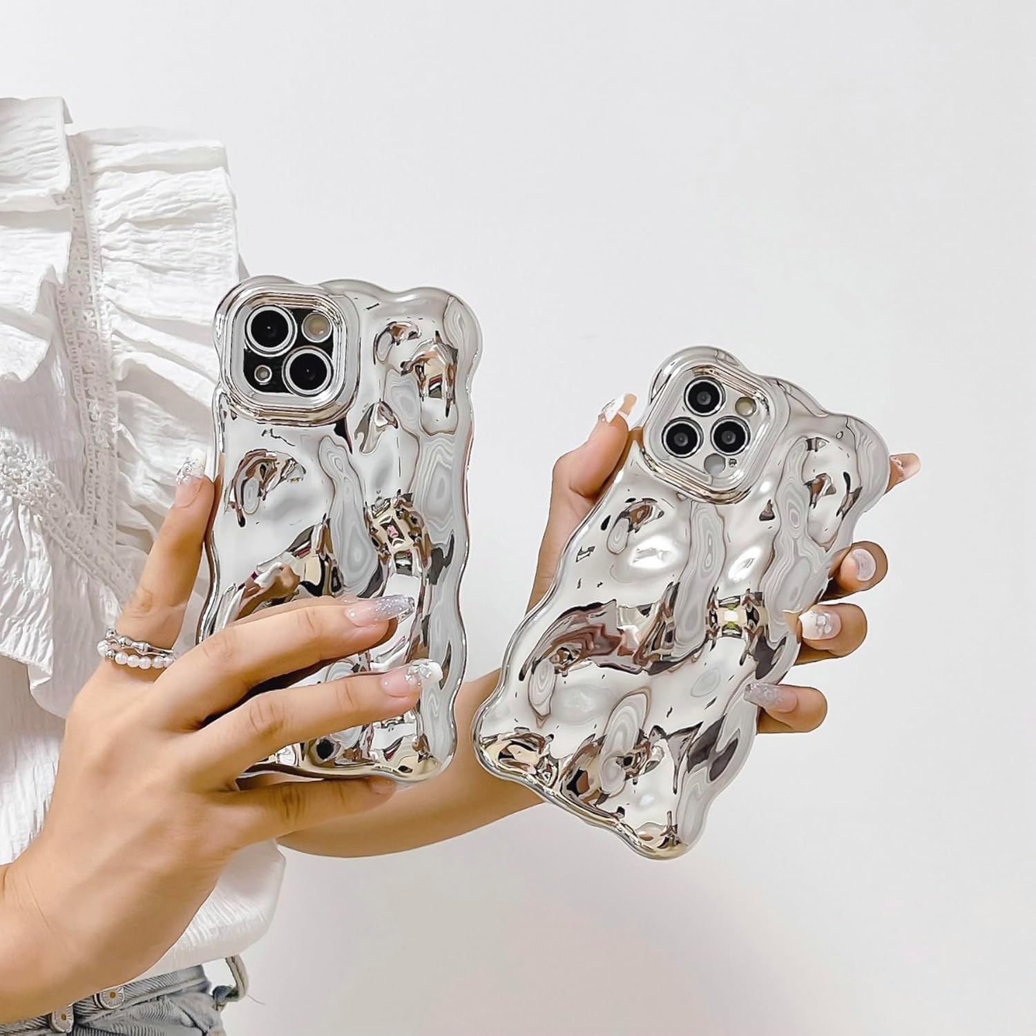 JANDM Case for Iphone 13 Pro Max,3D Wave Bubble Shape Ripple Chrome Pattern Soft Non-Yellowing Bumper Case Glitter Shiny Camera Shockproof Women Girls Cover Case for Iphone 13 Pro Max -Silver