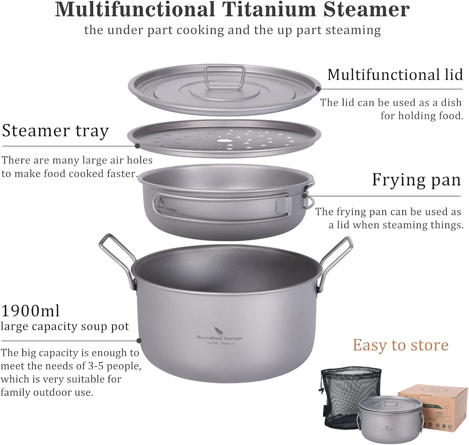 Boundless Voyage Titanium 1.9L Pot with 900Ml Frying Pan Set with Lid Multifunctional Steamer Stockpot Outdoor Camping Picnic Ti2057C image number 6