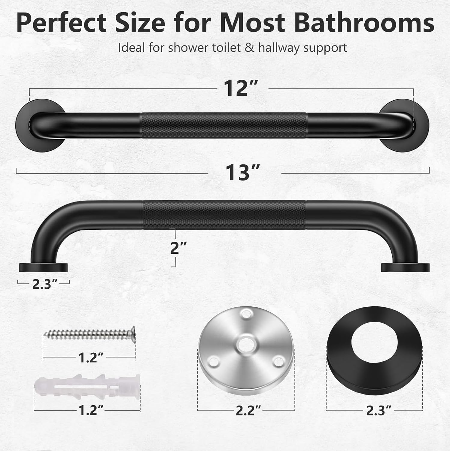 2 Pack Shower Grab Bars for Bathroom 16 Inch Black Stainless Steel Anti-Slip Knurled Grip Home Care Bath Handrail Safety Hand Rail Support for Showers Seniors Elderly Assist Handicap Bath Handle image number 4
