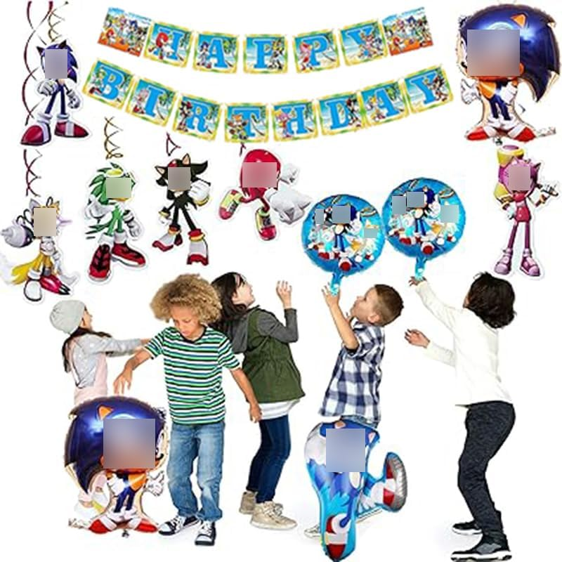 Smileh Birthday Decoration Sonic the Hedgehog Balloons Happy Birthday Banner Hanging Swirls Ornaments for Kids Birthday Party Decoration Birthday Gift image number 2