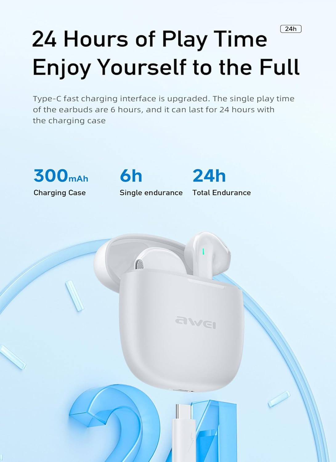 AWEI T26 Pro Wireless Ear Buds, Bluetooth Ear Buds with Big Bass Stereo Sound, 300Mah Headphone Charging Pod 36 Hours Playtime, Lightweight In-Ear Fit, Wireless Earbuds IPX6 Waterproof Black