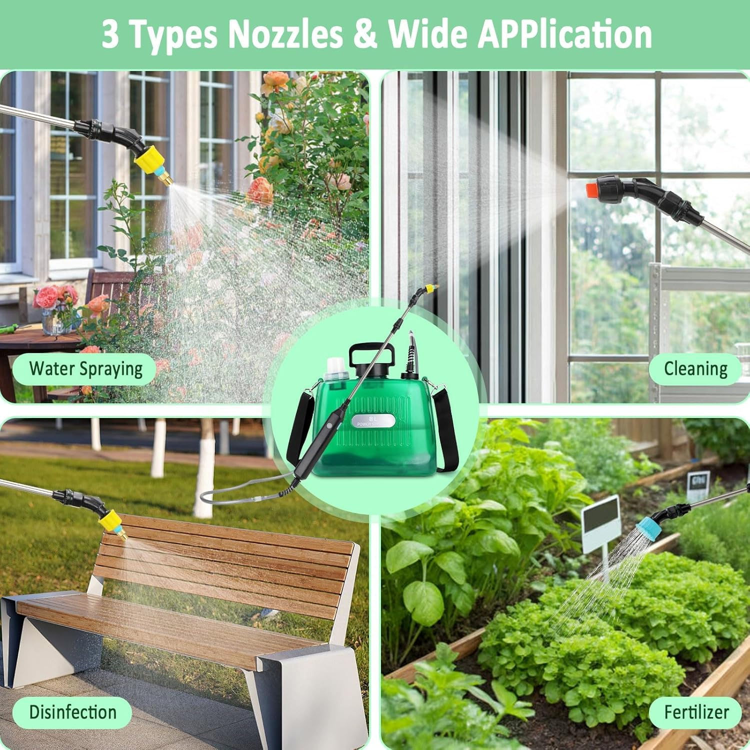 Battery Powered Sprayer, 8L Electric Garden Sprayer with Telescopic Wand & 3 Nozzles, Weed Backpack Sprayers for Lawn, Yard & Outdoor Use - Green