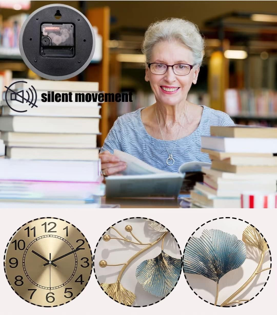 Fmnnfp Large Wall Clock 37 Inch Creative Metal Ginkgo Leaf Design Wall Clock Silent Non Ticking Decoration Wall Clocks for Living Room Bedroom Home - 20X37In image number 3