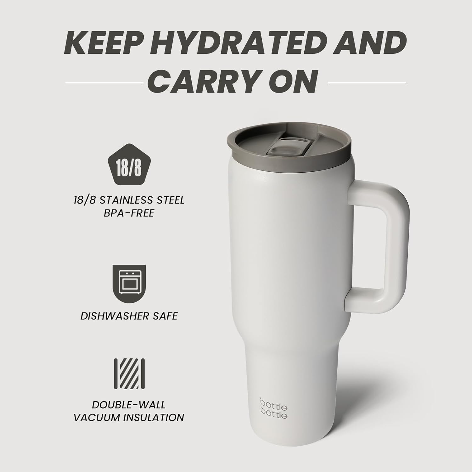 BOTTLE BOTTLE 40 Oz Tumbler with Handle and Straw,Stainless Steel Vacuum Travel Mug,Car Cup with Straw, Stainless Steel Vacuum Water Bottle for Gifts Party Office Coffee (Gray) image number 2