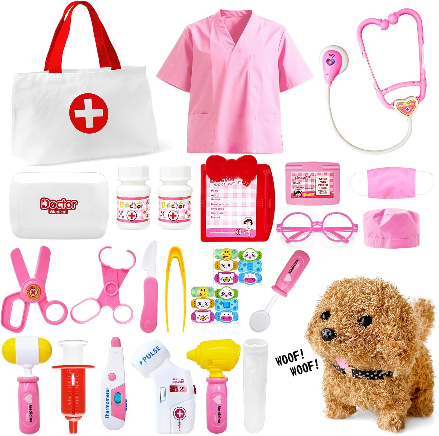 PELOSTA 34PCS Doctor Kit for Toddlers 3-5, Pretend Play Doctor Play Set with Dog Toy, Doctor Costume, Carrying Bag, Stethoscope, Dress up Toys for Girls Aged 3 4 5 6 7 8 (Pink) image number 2