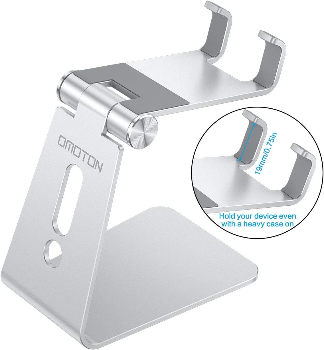 Adjustable Cell Phone Stand, OMOTON Aluminum Desktop Cellphone Stand with Anti-Slip Base and Convenient Charging Port, Fits All Smart Phones (Silver)