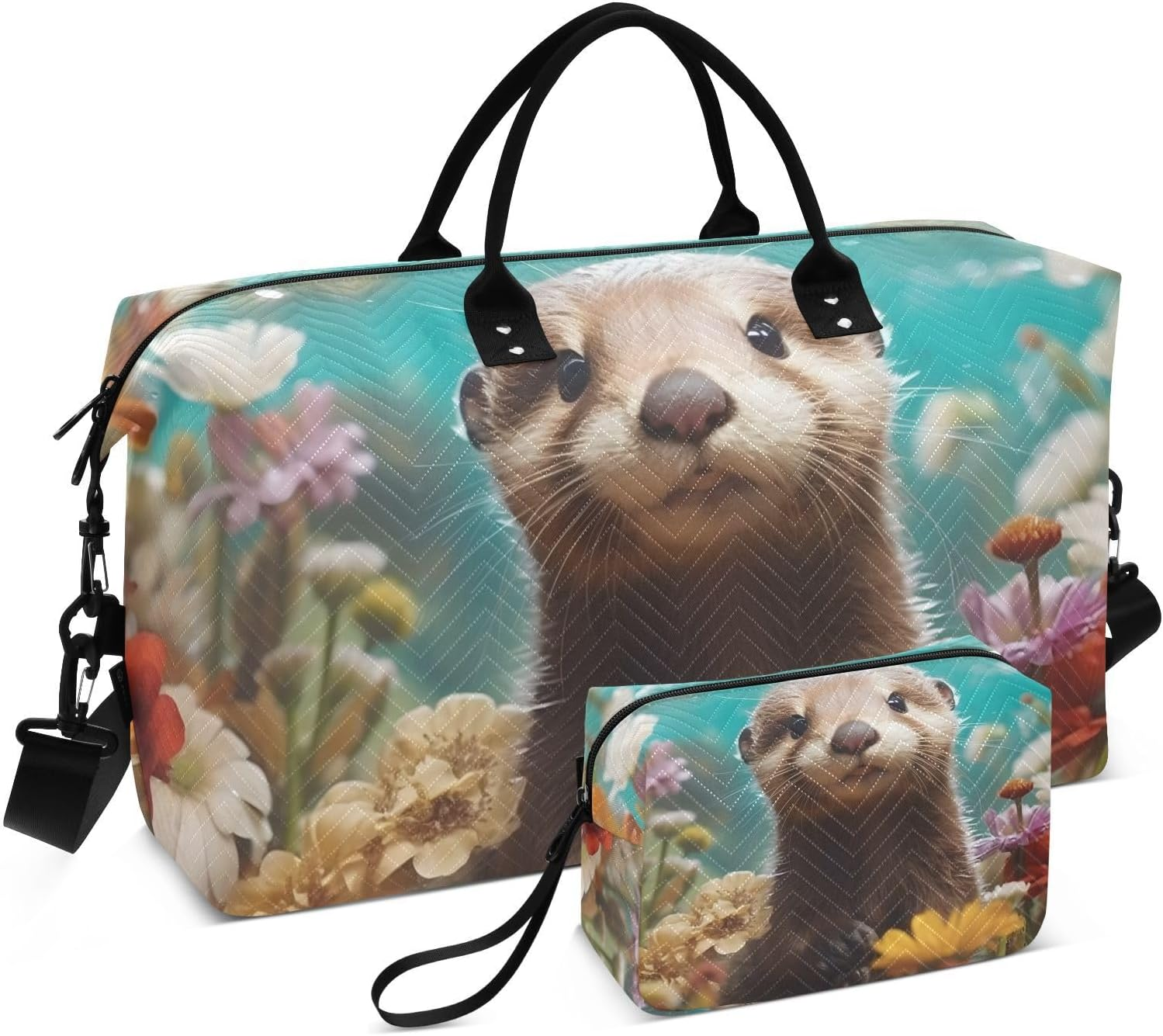 WOIWB Duffel Bag Set with Toiletry Bag for Travel Gym Sport, Luggage Sleeve Weekender Bag Carry on Overnight Bag-Watercolor Painting Otter Print, Multicolor, 20.5 X 7.9 X 13.8 Inches+9.1 X 3.5 X 5.9