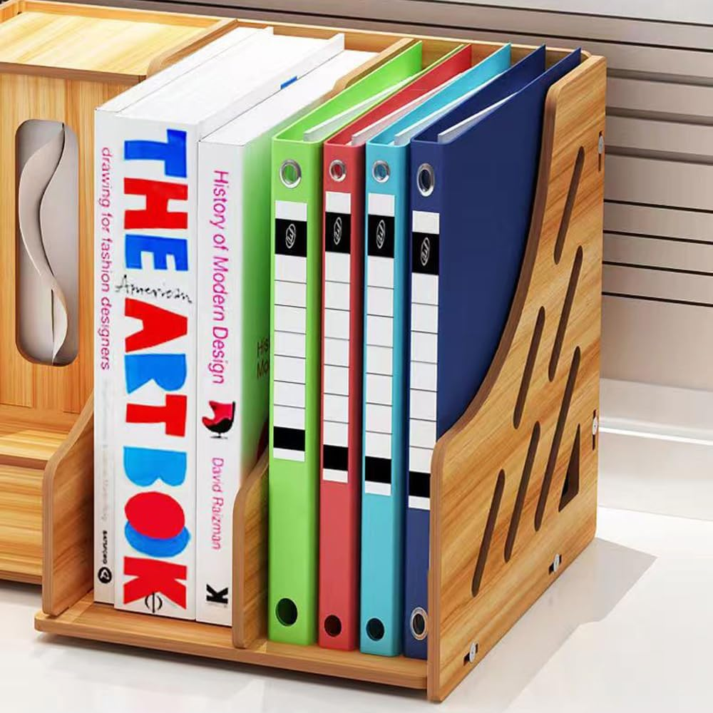 Hbluefat Desktop Organizer with Drawer, Wooden Desk File Document Organizer with Pen Holder and Tissue Box, Tabletop Stationery Storage Rack for Desk Accessories, File, Book, Office Supplies (Maple) image number 1